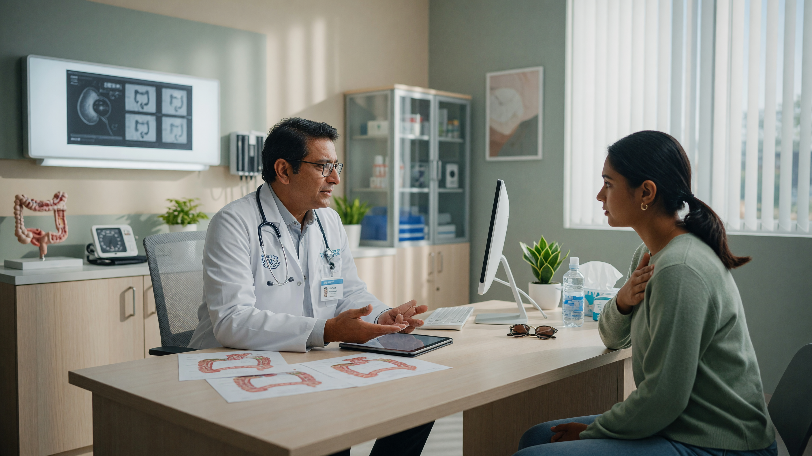 Doctor explaining pilonidal sinus treatment without surgery to a young patient in a modern hospital consultation room
