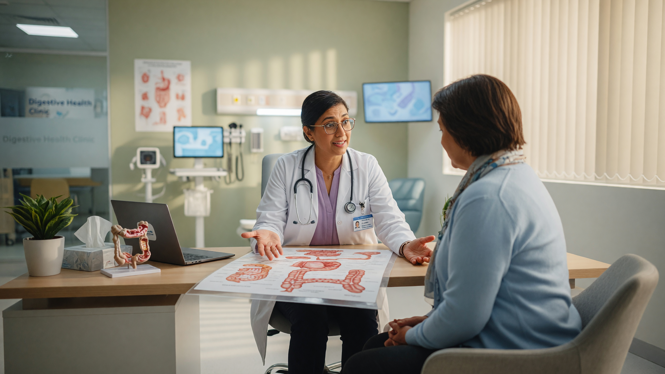 Doctor explaining how diarrhea can cause an anal fissure to a patient at a hospital consultation