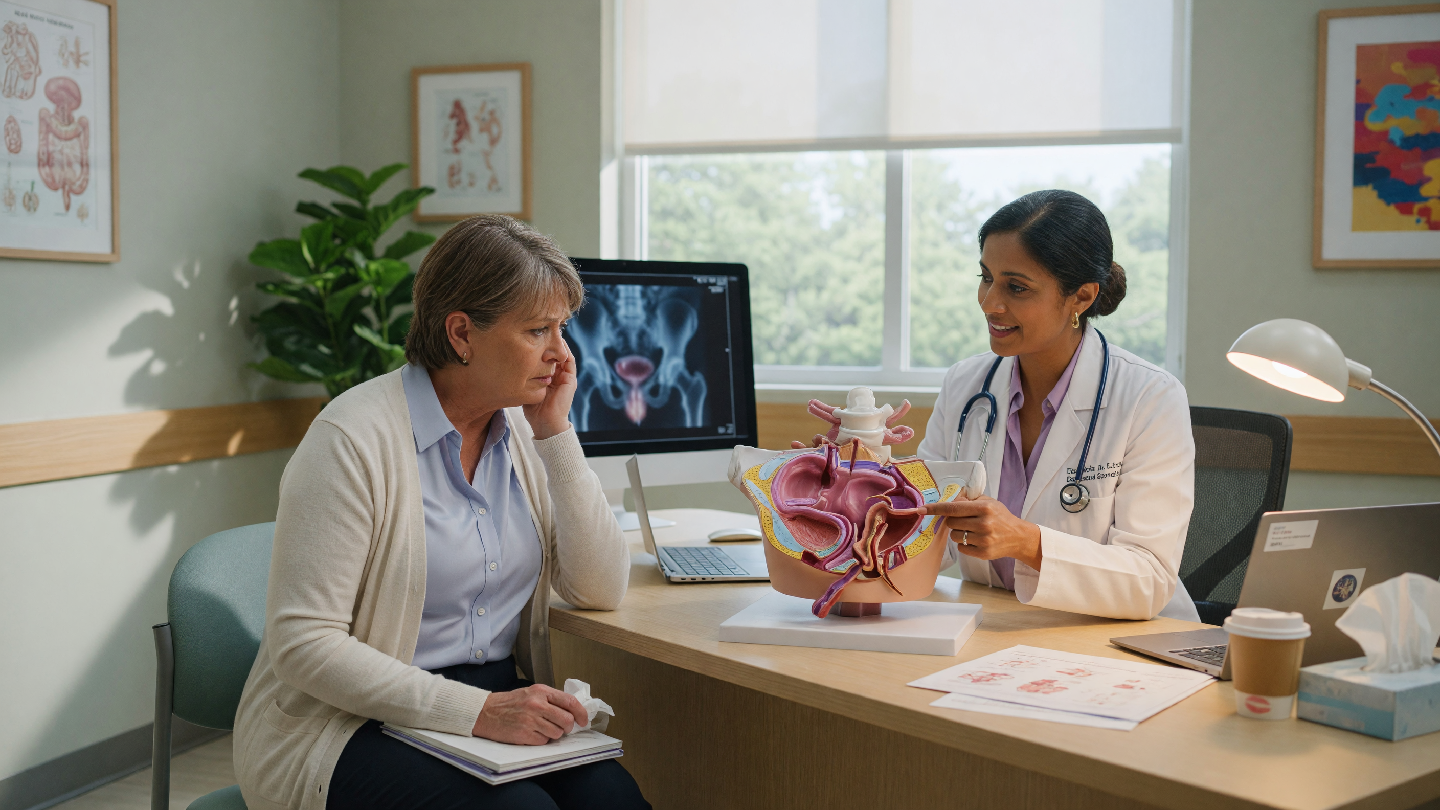 Doctor explaining rectal prolapse symptoms and early warning signs to a patient at a hospital consultation