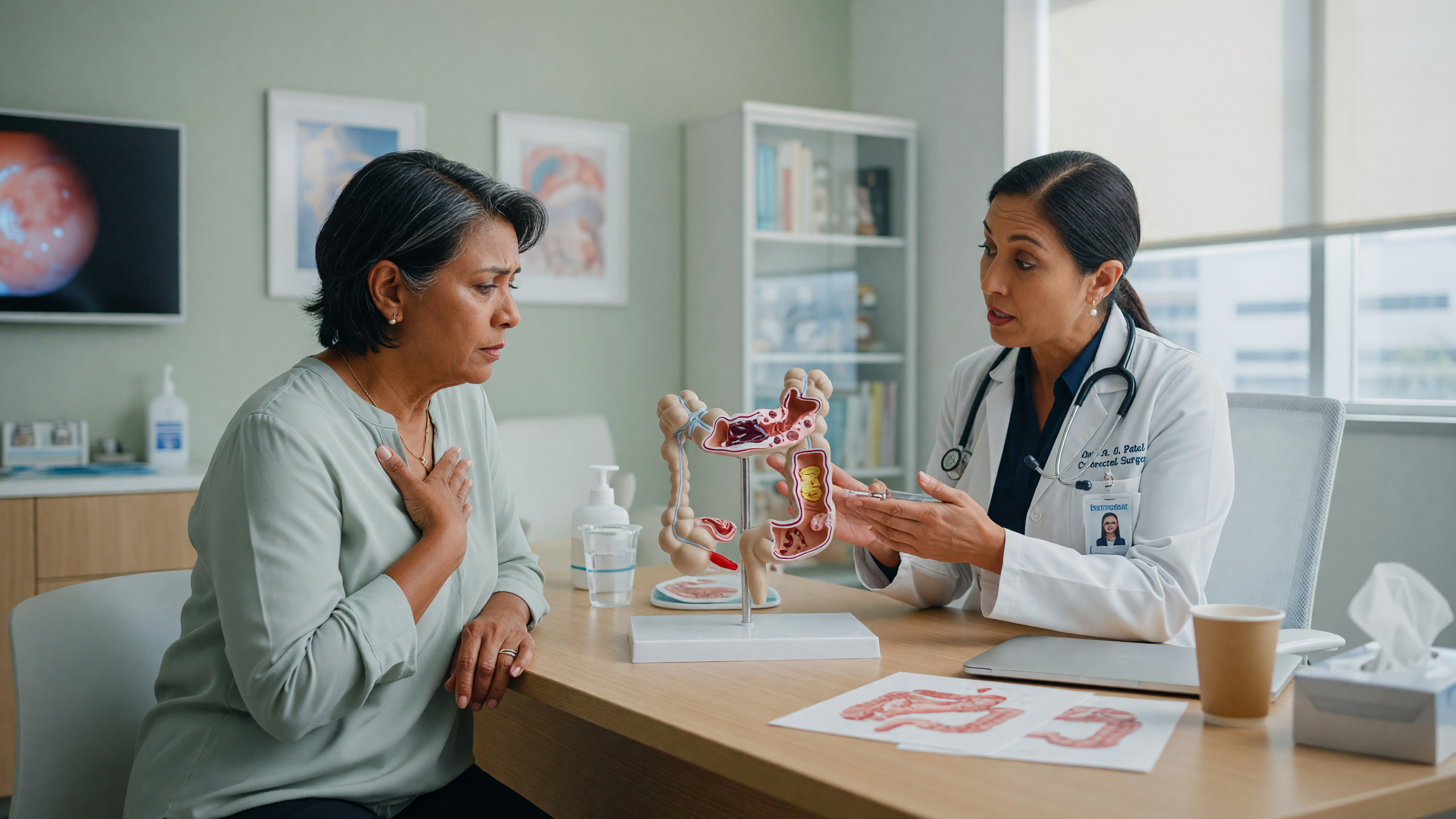 Doctor explaining how untreated constipation can lead to surgery and constipation complications to a patient