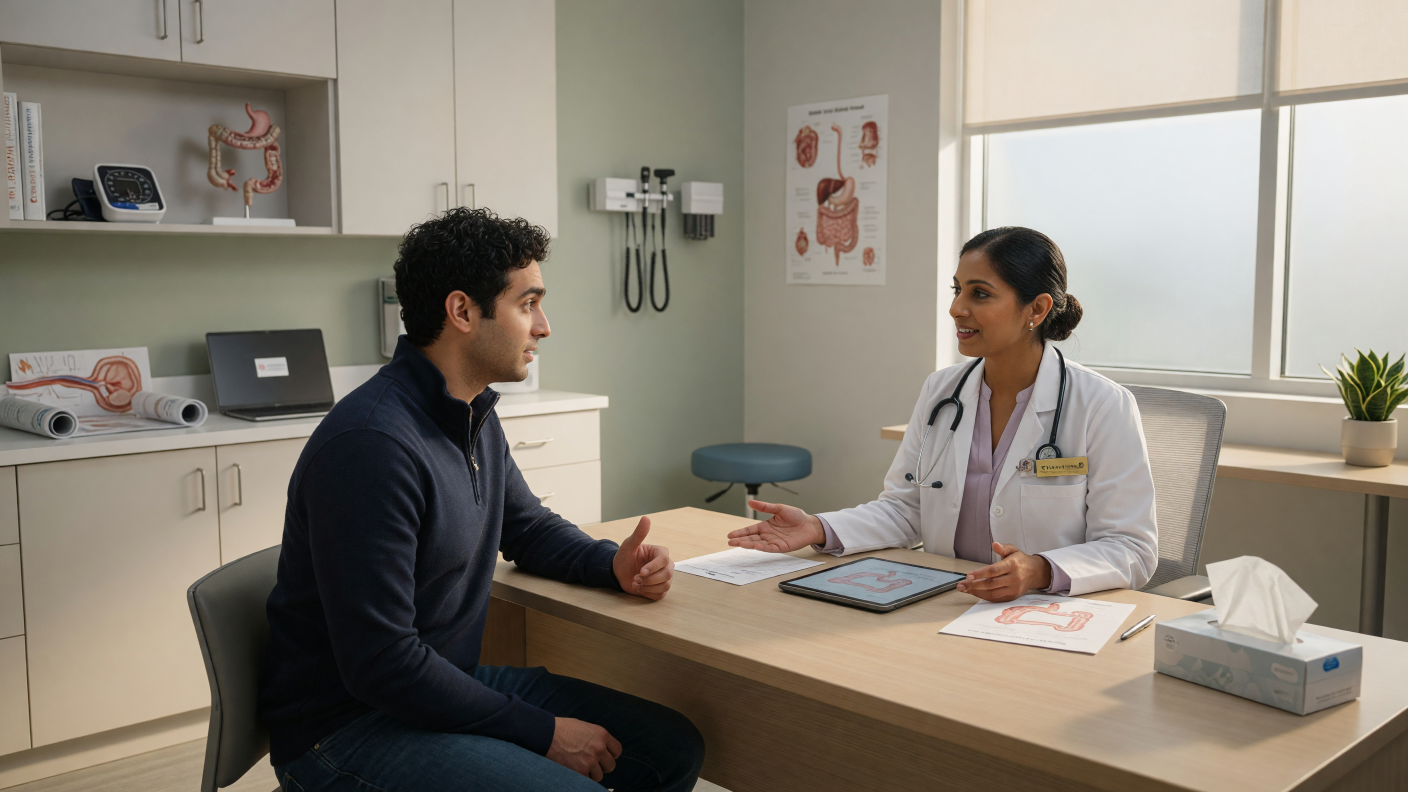 Doctor examining a patient showing pilonidal sinus symptoms near the tailbone