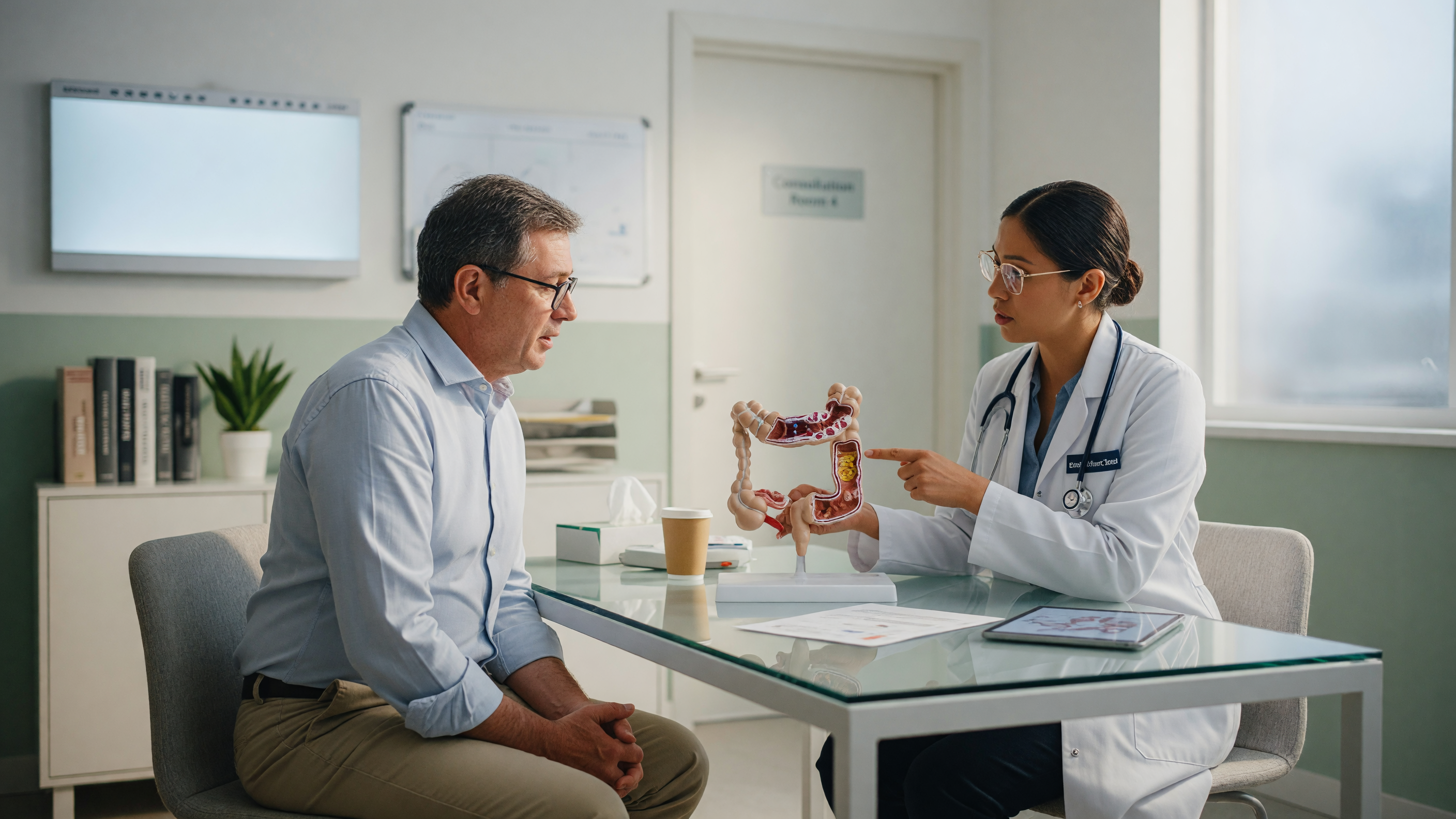 Doctor explaining blood in stool causes to a patient using a digestive system model