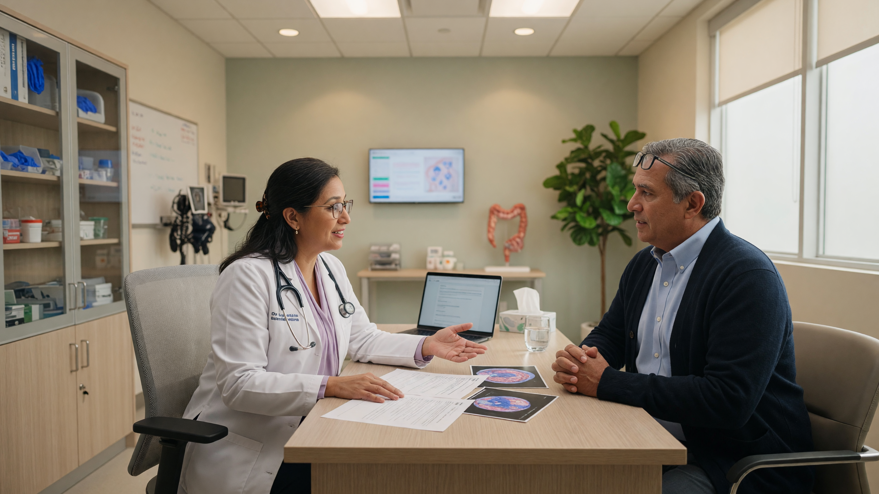 Doctor examining a patient with a small opening near the anus during colorectal consultation