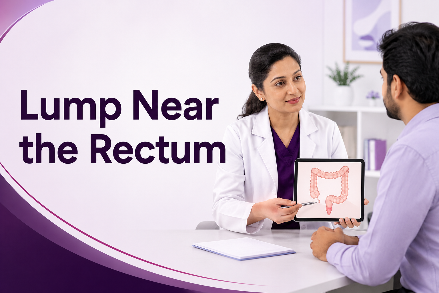 Doctor examining a patient with a lump near anus during a colorectal consultation