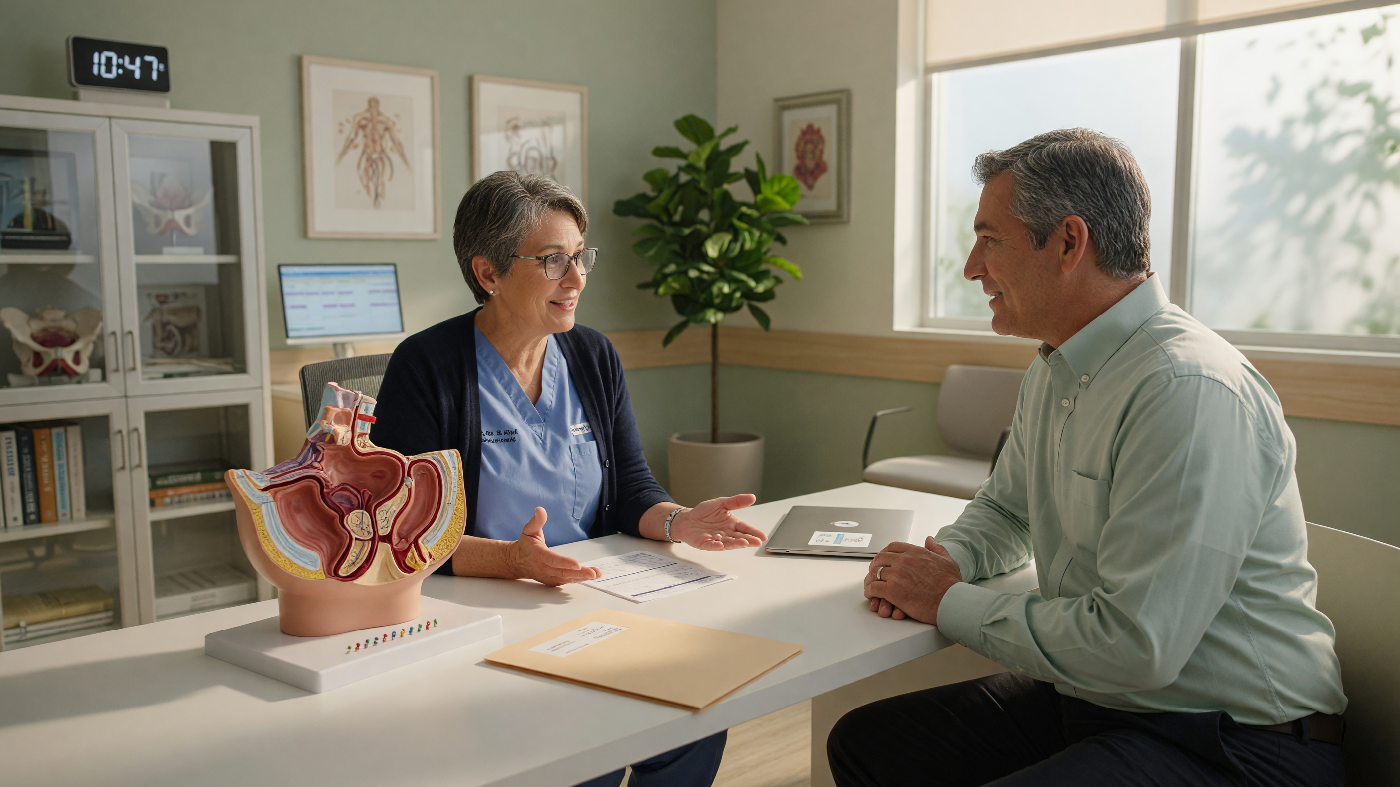Doctor explaining anal fistula symptoms and treatment options to a patient at a hospital