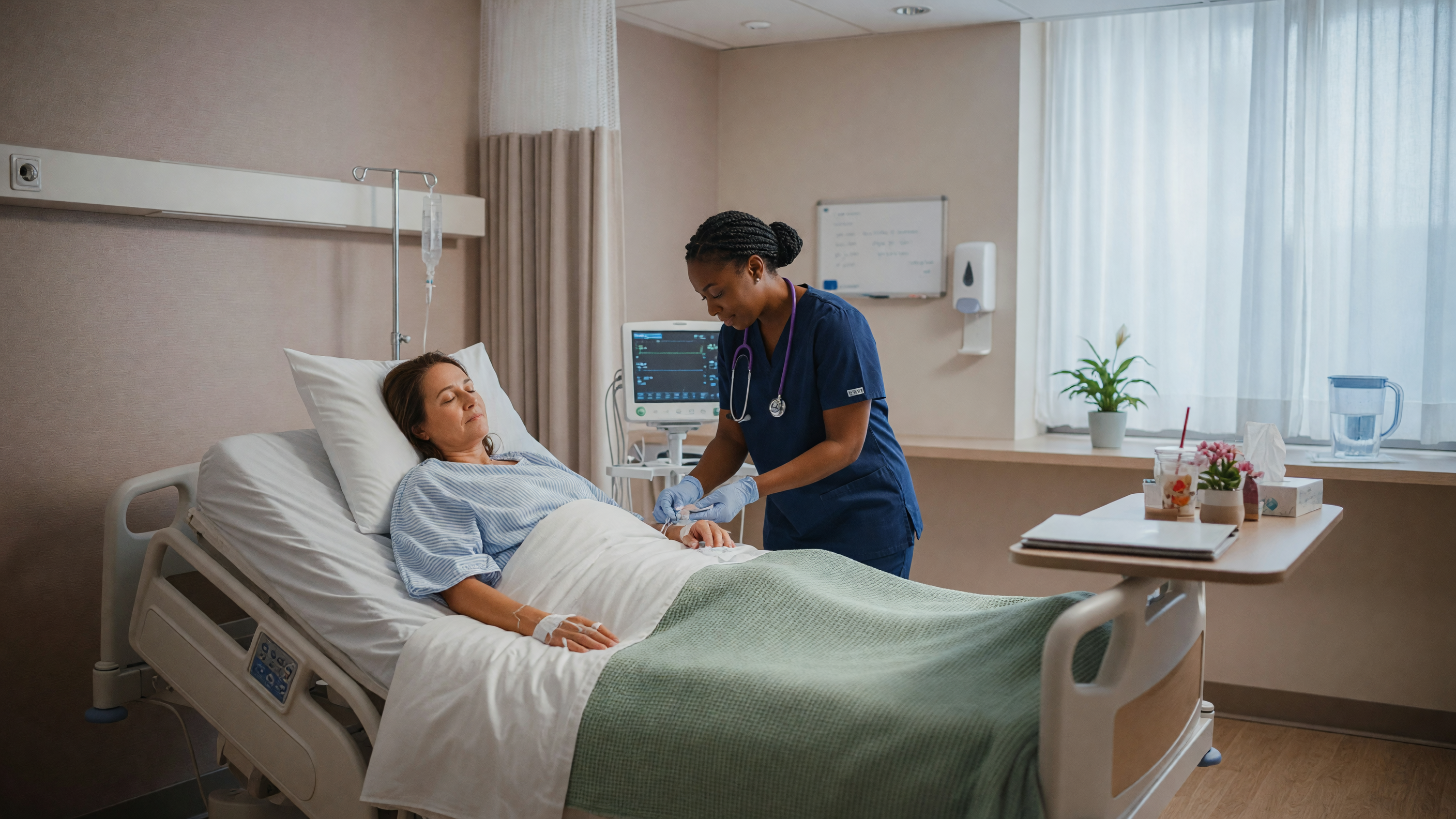 Patient resting comfortably during laser piles treatment recovery in a modern hospital room
