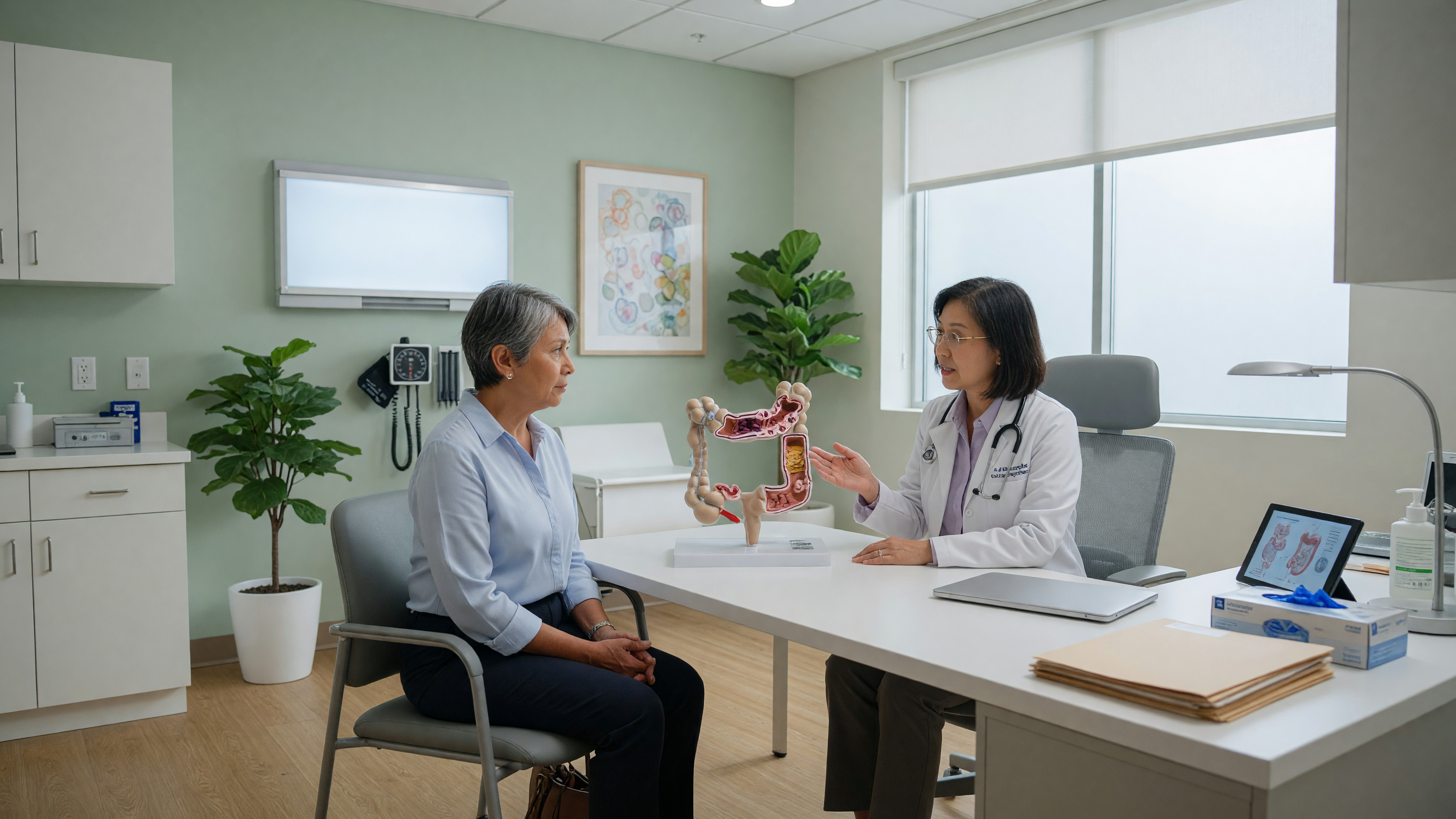 Doctor explaining mucus in stool causes to a patient during a colorectal consultation at Lux Hospitals