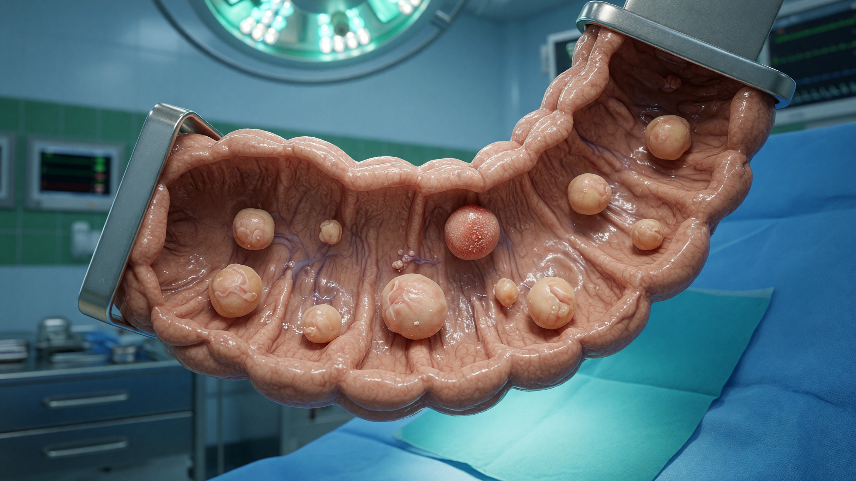 Medical illustration of colon polyps on the colon lining showing symptoms and treatment options