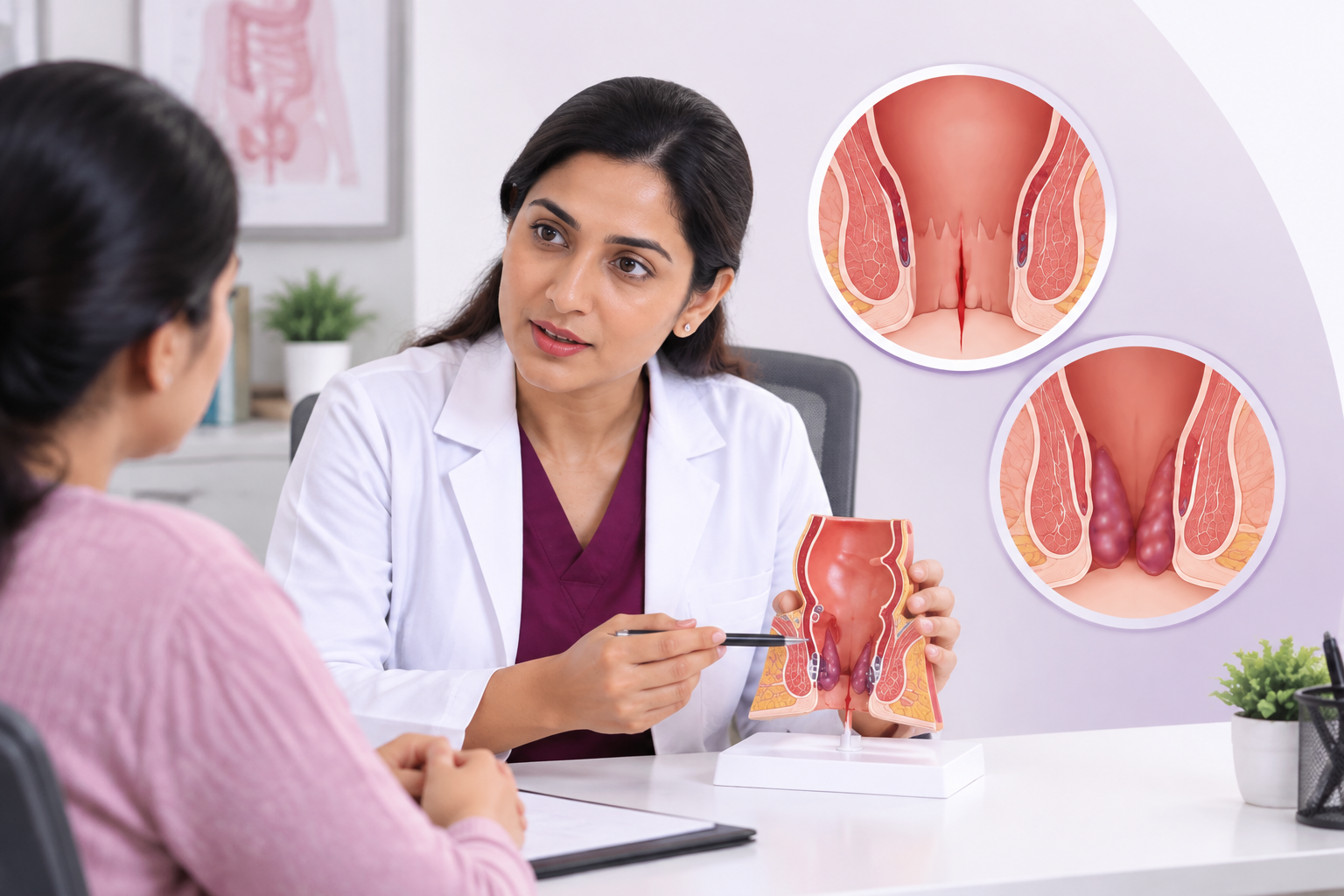 Medical illustration comparing anal fissure vs piles symptoms including pain, bleeding, and swelling