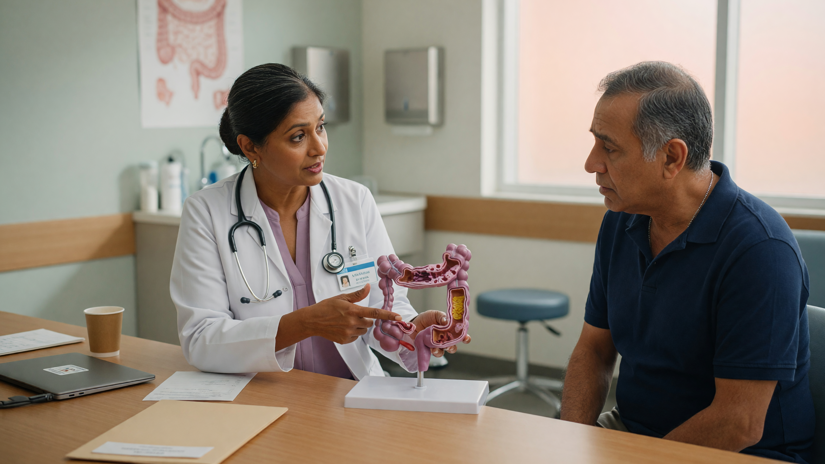 Illustration showing rectal prolapse symptoms and a colorectal doctor consulting a patient