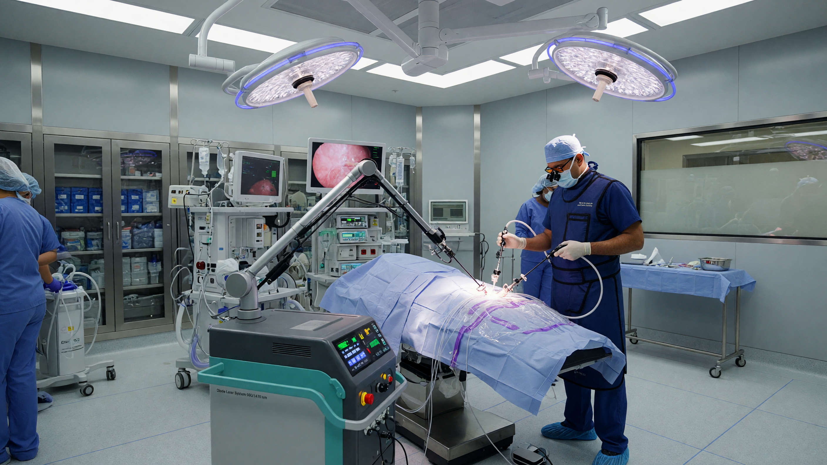 Colorectal surgeon performing laser fissure treatment in a modern operating room