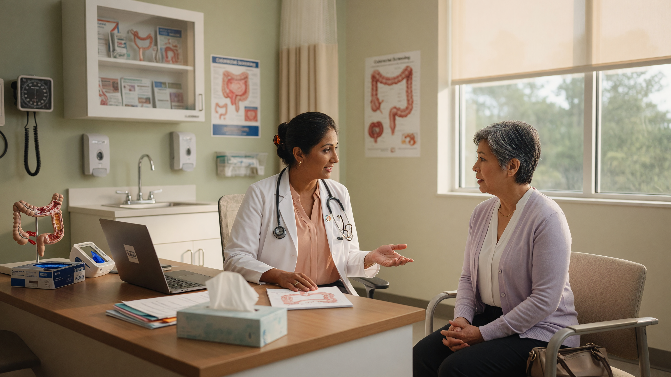 Patient discussing chronic constipation symptoms with a colorectal specialist at a hospital