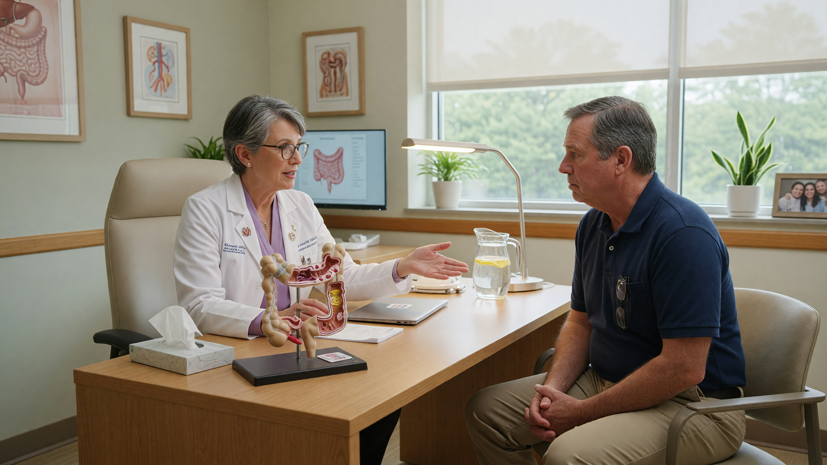 Proctologist consulting a patient about bowel leakage treatment options in a hospital