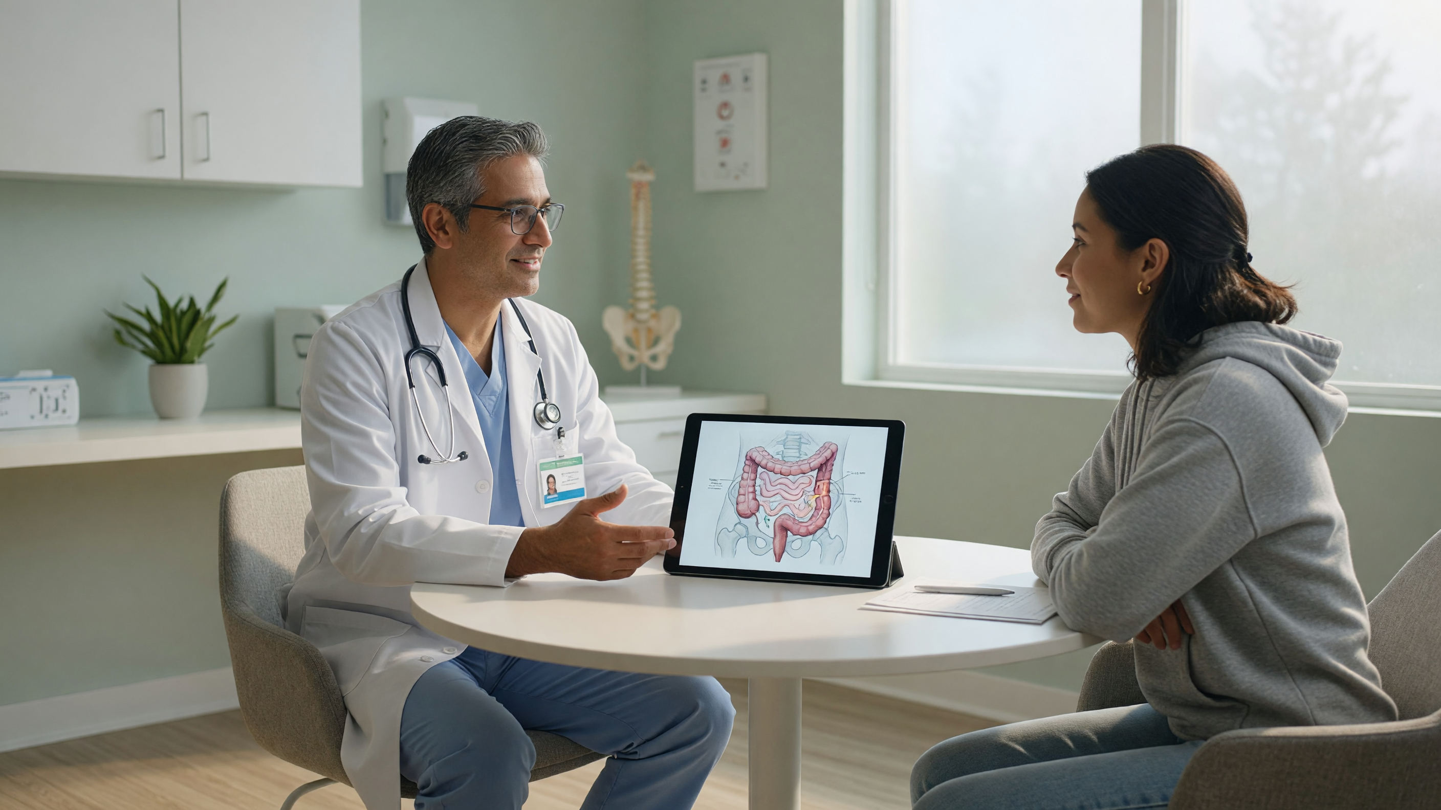 Colorectal surgeon explaining pilonidal sinus surgery options to a young patient in a modern hospital consultation room