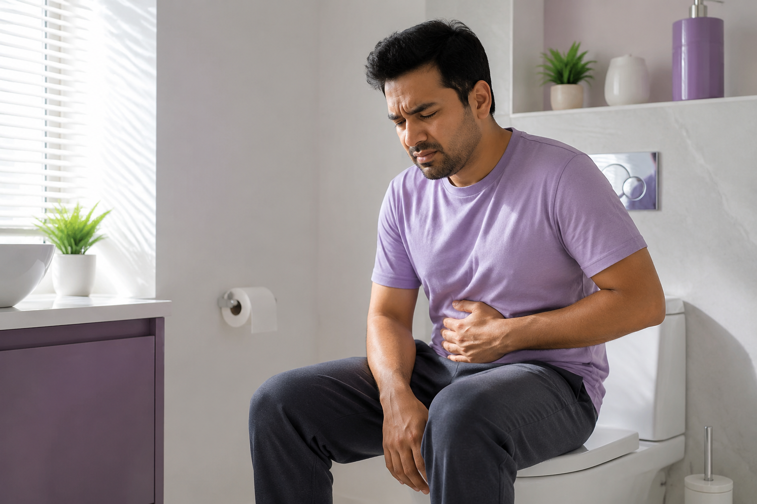 Person experiencing pain while passing stool consulting a colorectal specialist at Lux Hospitals