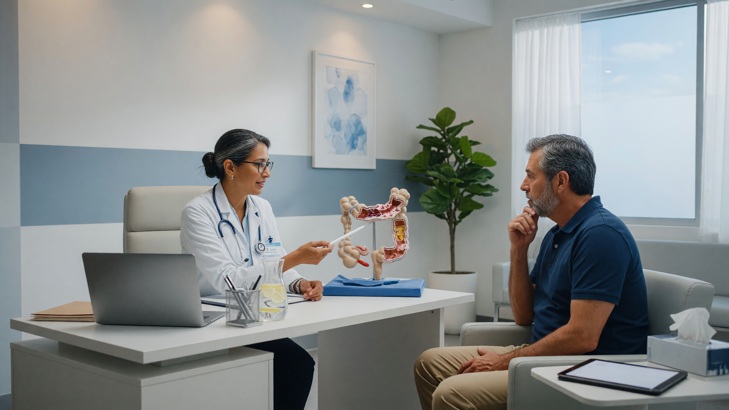 Doctor explaining piles treatment options to a patient at a modern hospital