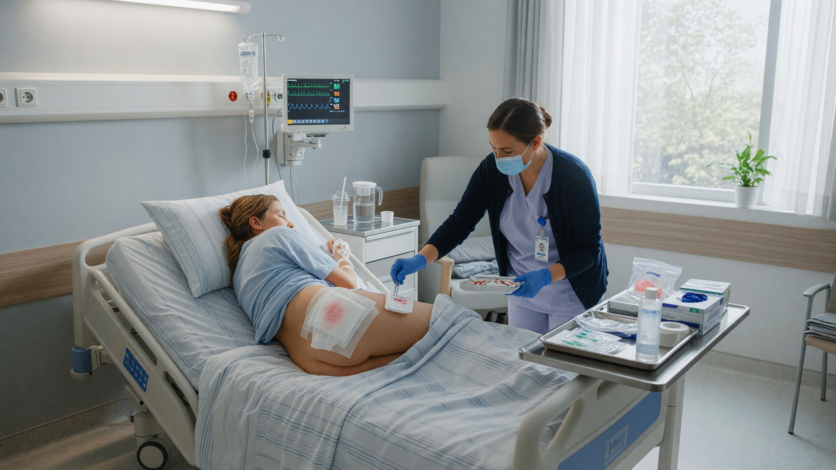 Patient during pilonidal sinus surgery recovery receiving wound care at a hospital
