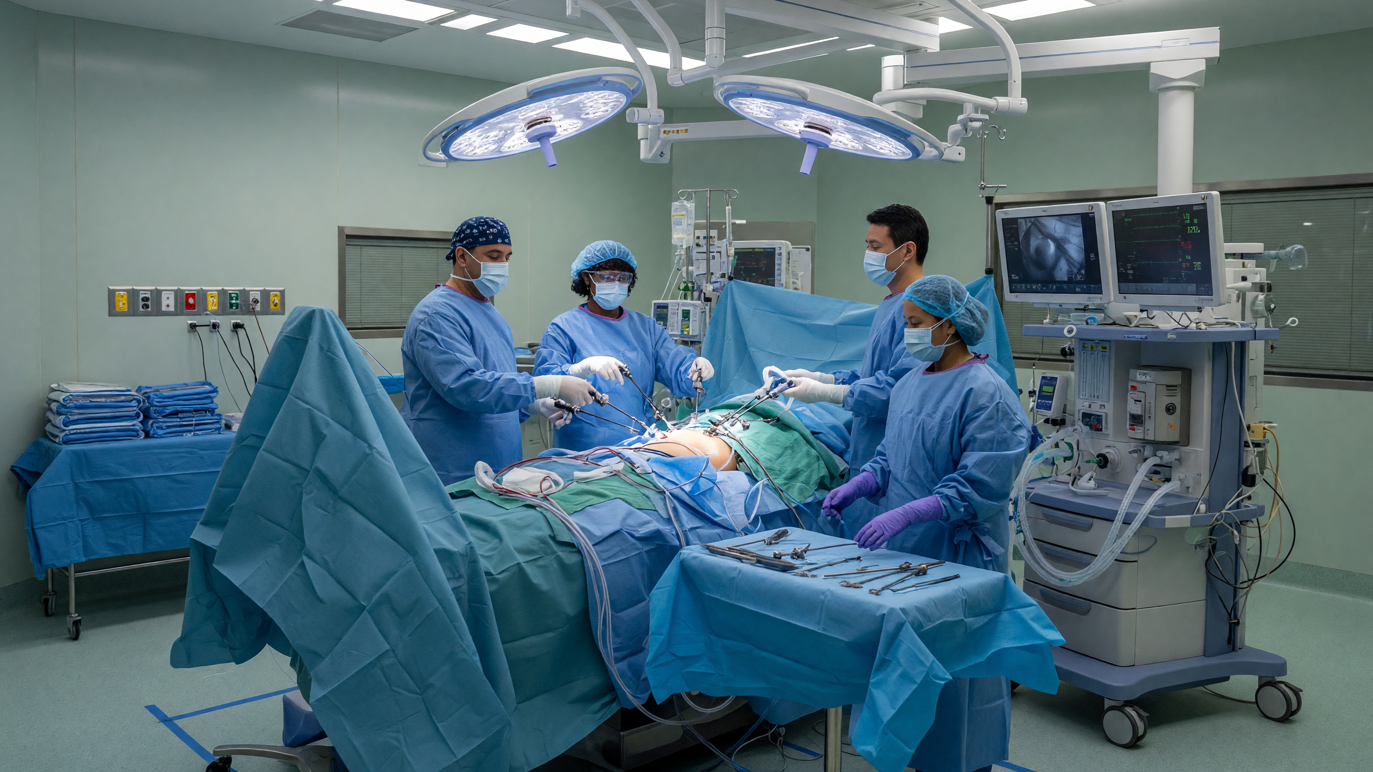 Surgeon preparing for anal fissure surgery in a modern operating room at Lux Hospitals