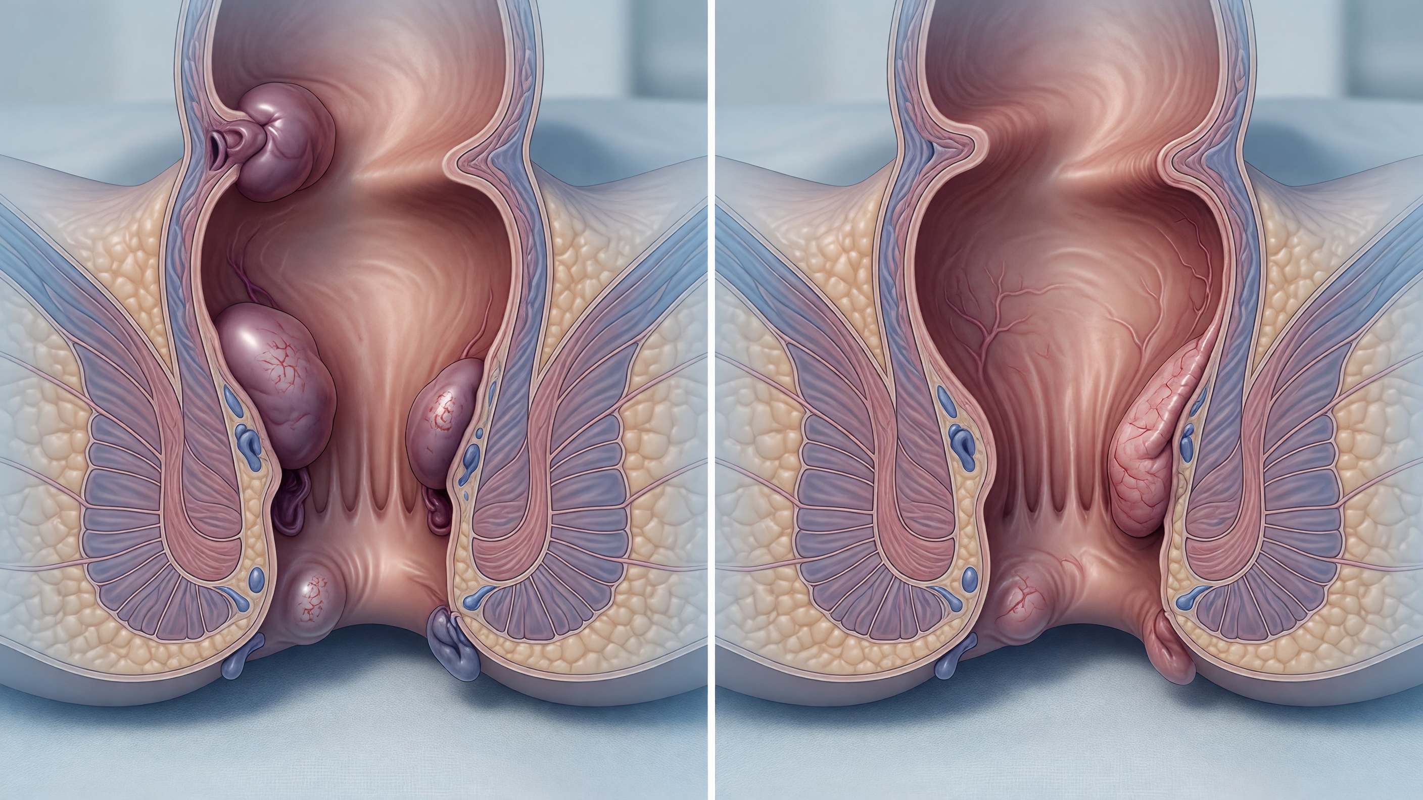 Medical illustration comparing piles vs rectal prolapse anatomy in the anal region