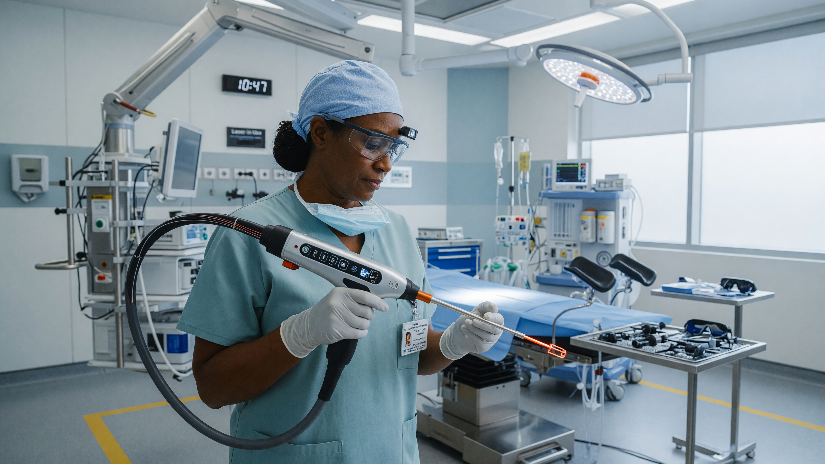 Surgeon preparing minimally invasive laser piles treatment in a modern hospital operating room