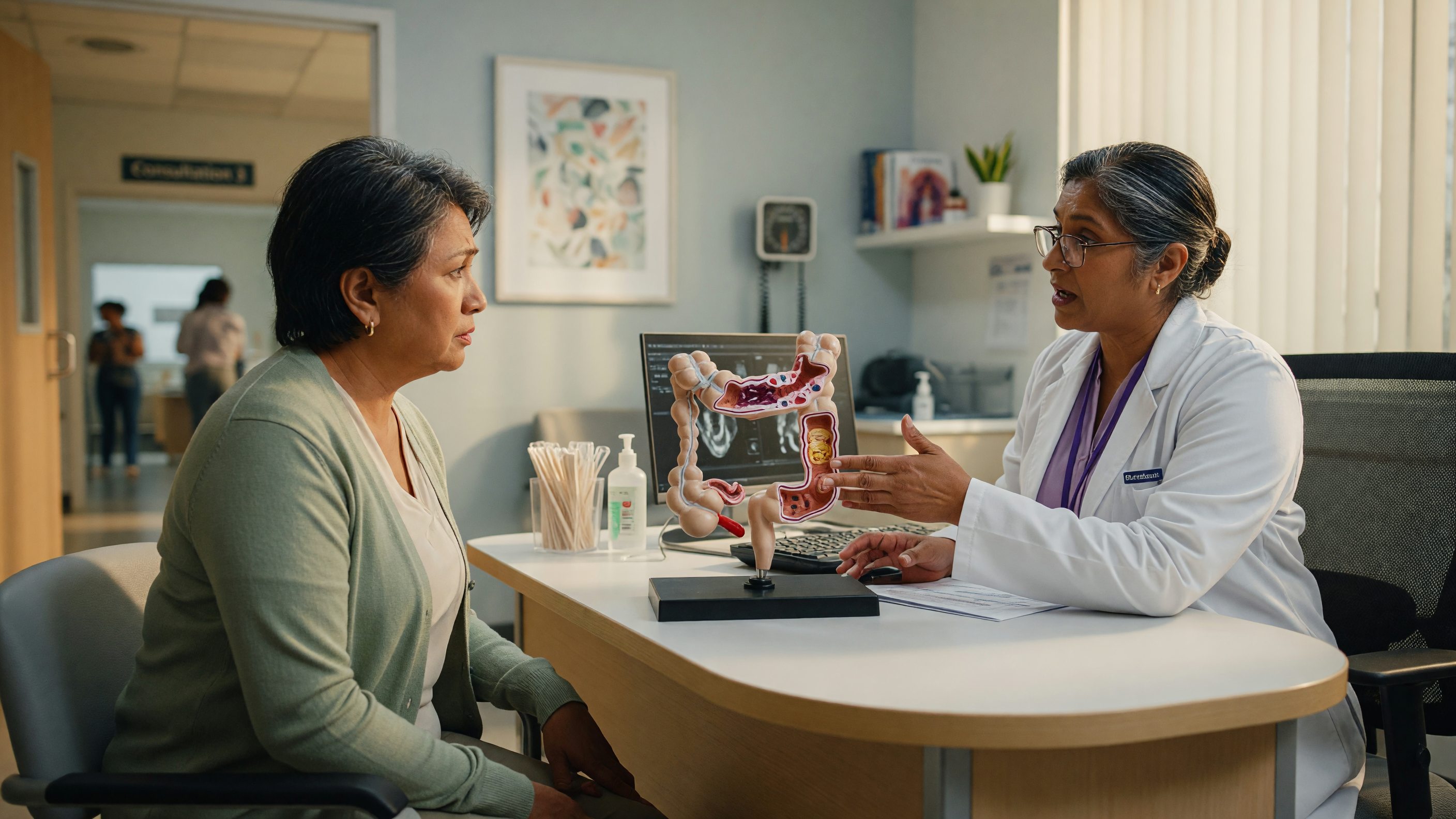 Doctor explaining piles symptoms and what piles feel like to a patient at Lux Hospitals