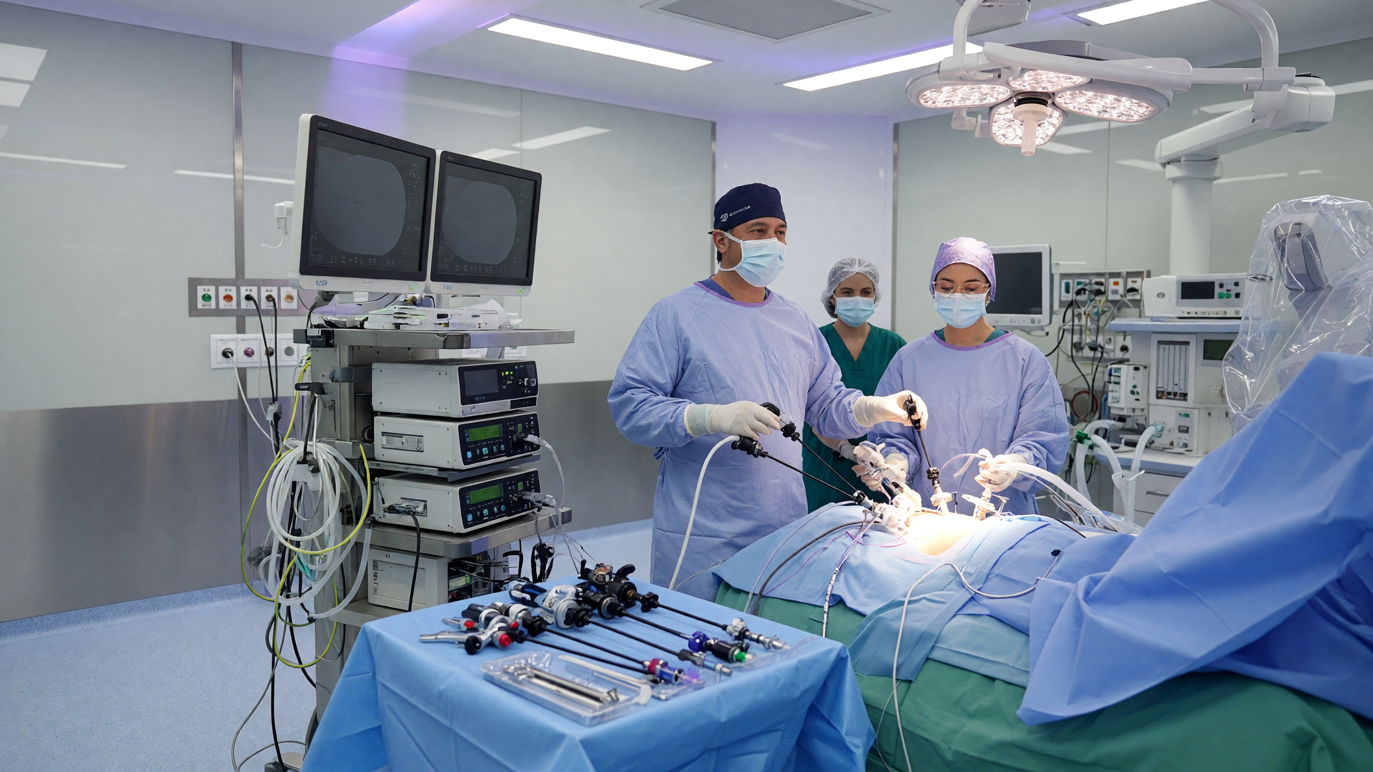Surgeon preparing for anal fistula surgery in a modern operating room
