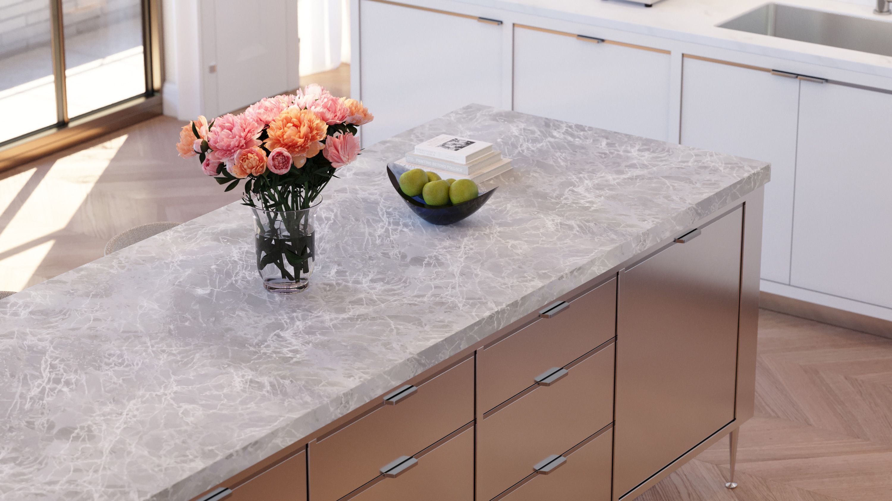 Stainless steel kitchen island with honed Nordic Grey marble countertop