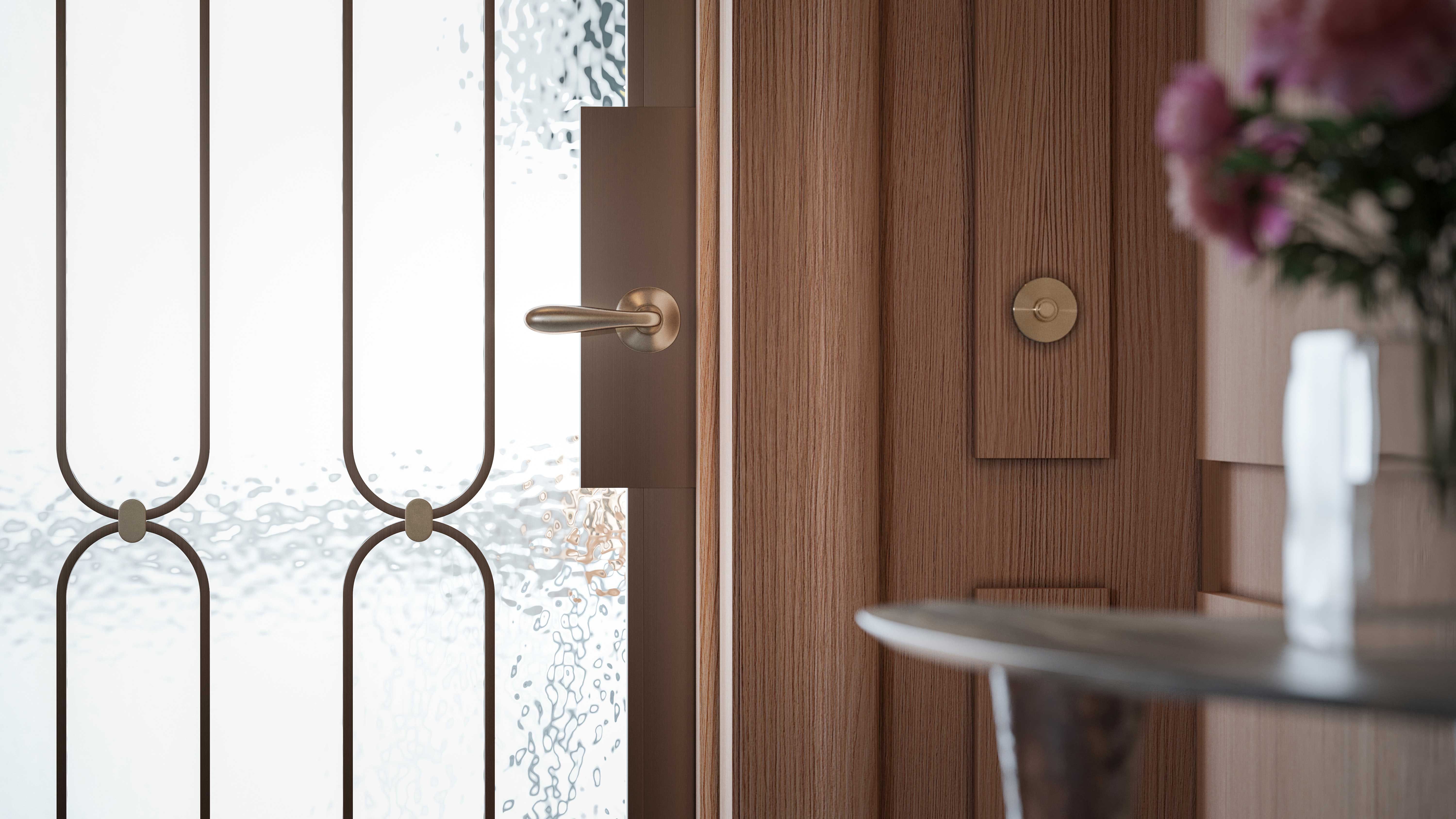 Private residence entry vestibule door with Nanz burnished nickel lever and Vervloet doorbell