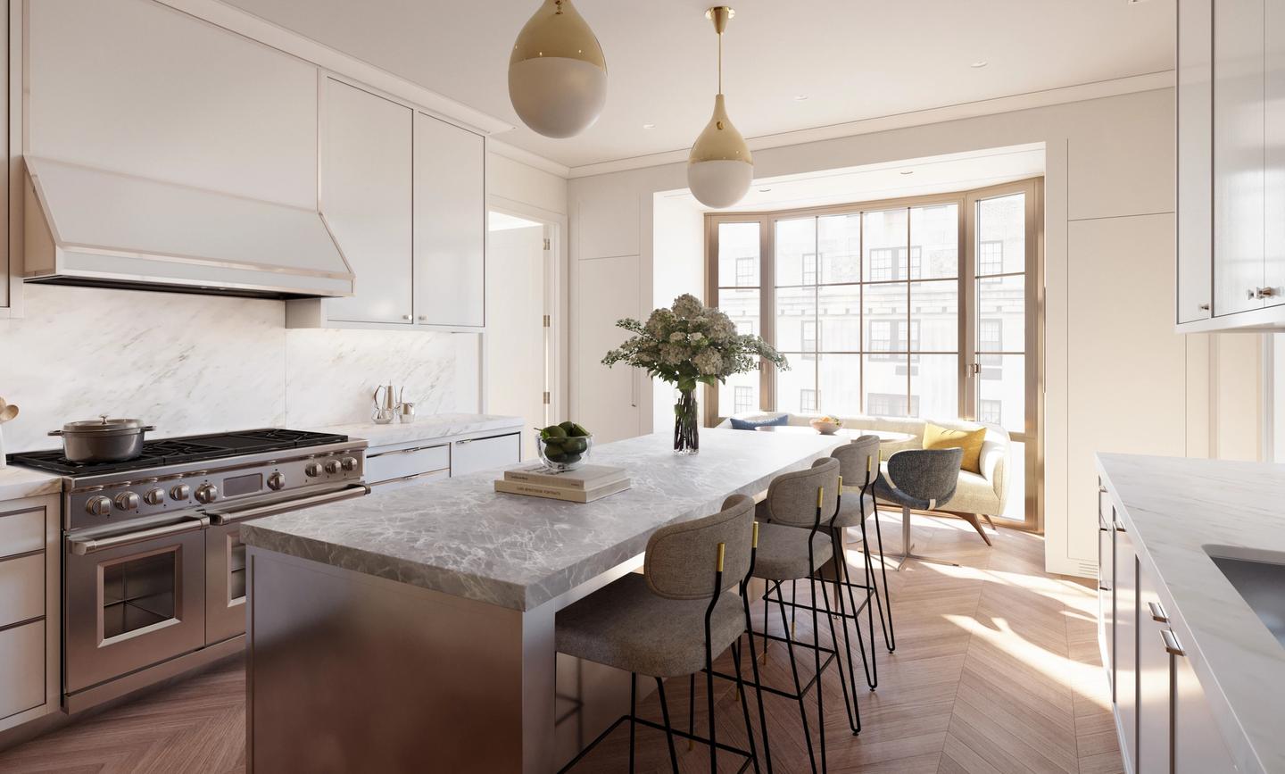 Windowed kitchen in half-floor residence; all kitchens feature premium Wolf and Sub-Zero appliances, including vented range hoods, Dornbracht fittings, and Miele dishwashers
