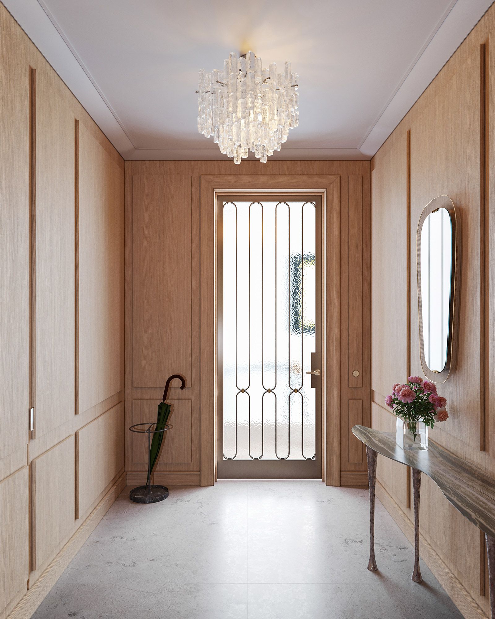Full and half-floor residences feature private entry vestibules paneled in wire-brushed European oak
