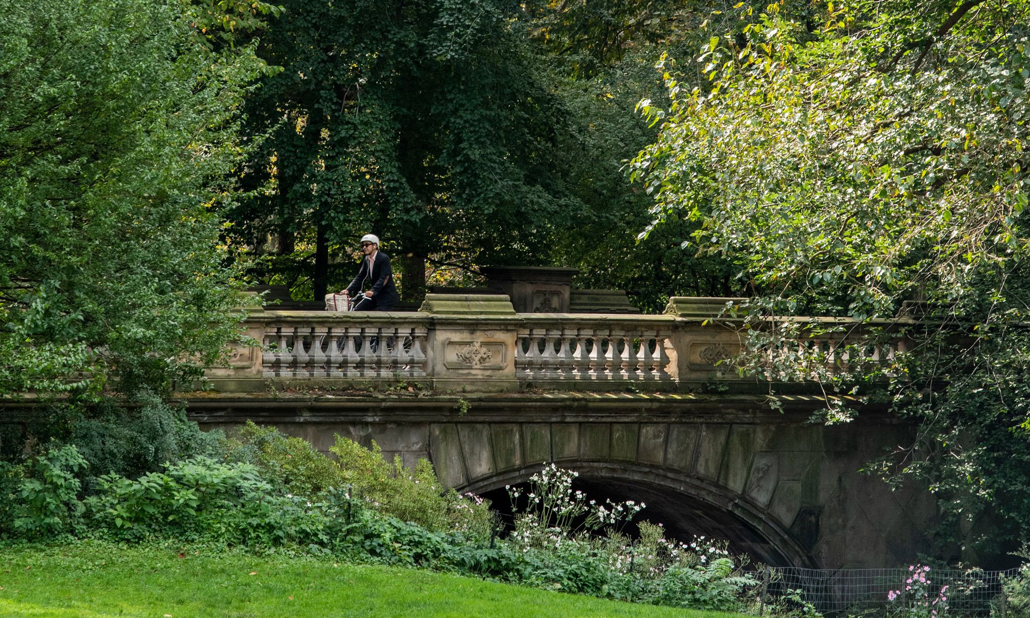 A man riding a bicycle over a bridge in Central Park