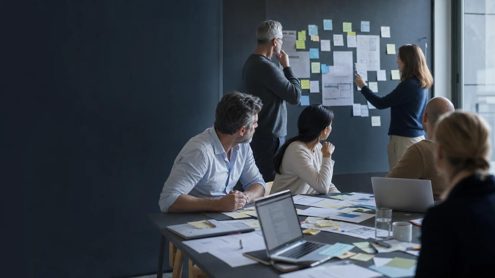 A cross-functional team examining a change initiative together in a workshop.
