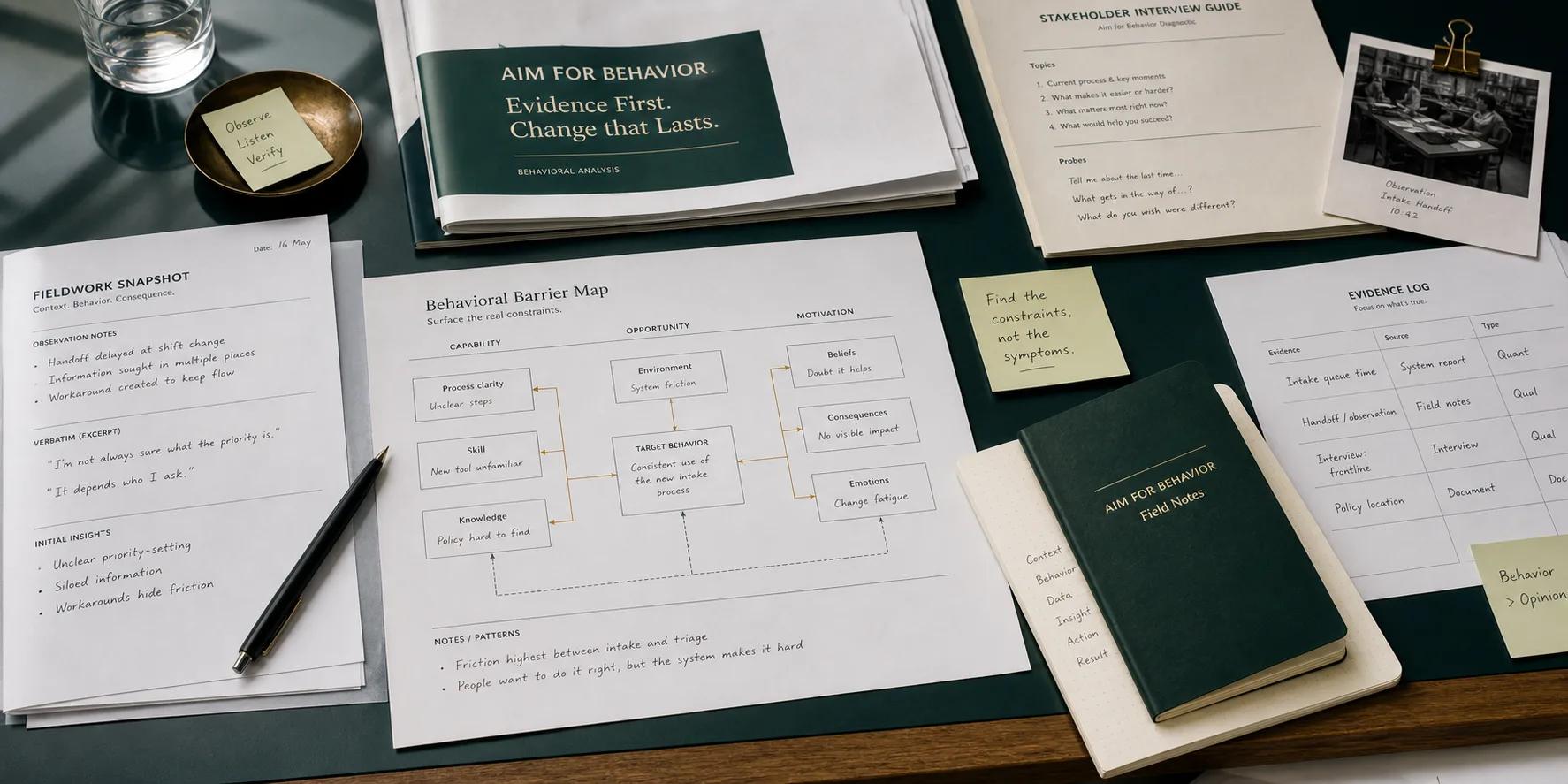 Behavior-change diagnostic field notes, barrier map, stakeholder interview guide, and evidence log on a work table