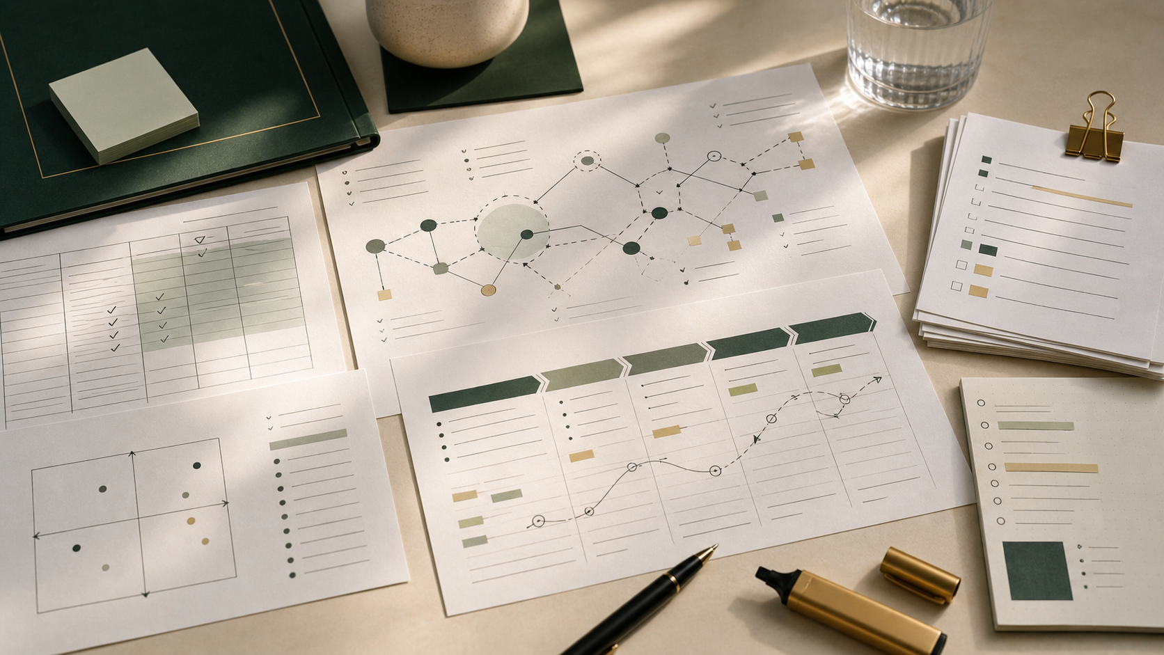 Diagnostic worksheets, a behavior-barrier map, and evidence notes on a consulting work surface