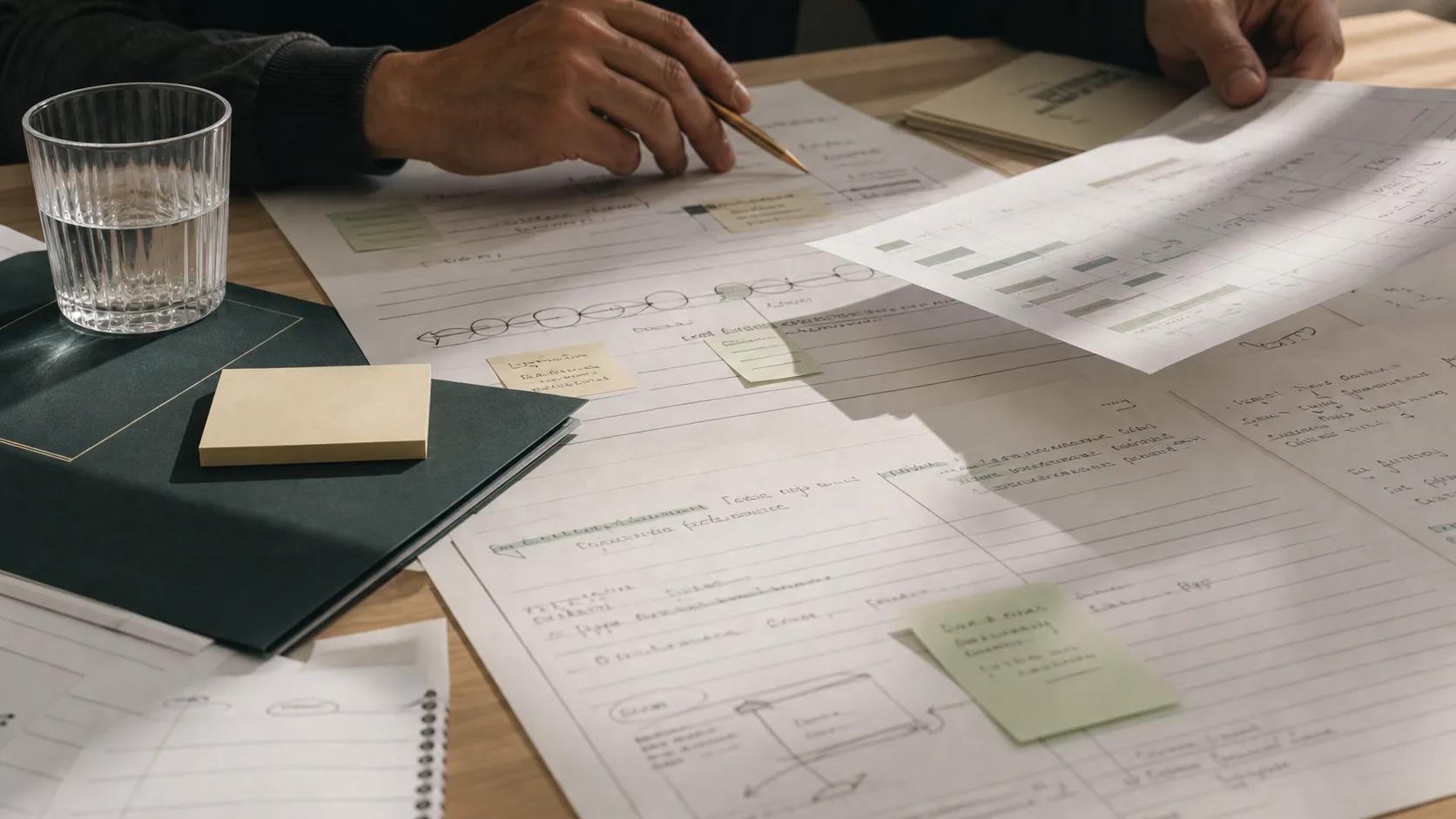 Behavior-change diagnostic worksheets and consulting field notes arranged on a work table
