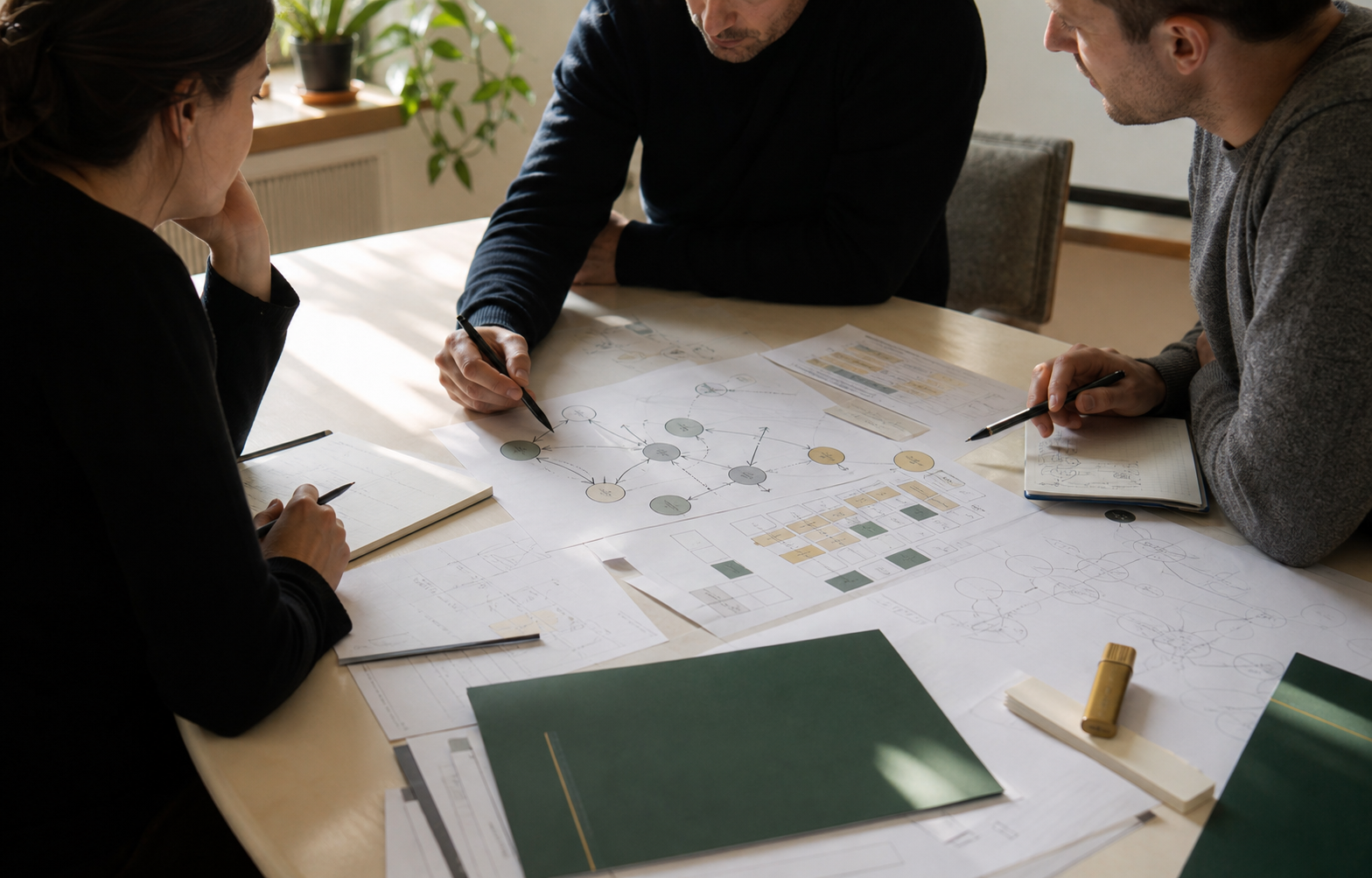 Three consultants review a behavior map and diagnostic materials during a working session.