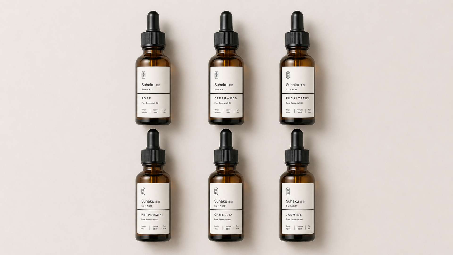 六款单方精油系列 —— Rose / Cedarwood / Eucalyptus / Peppermint / Chamomile / Jasmine