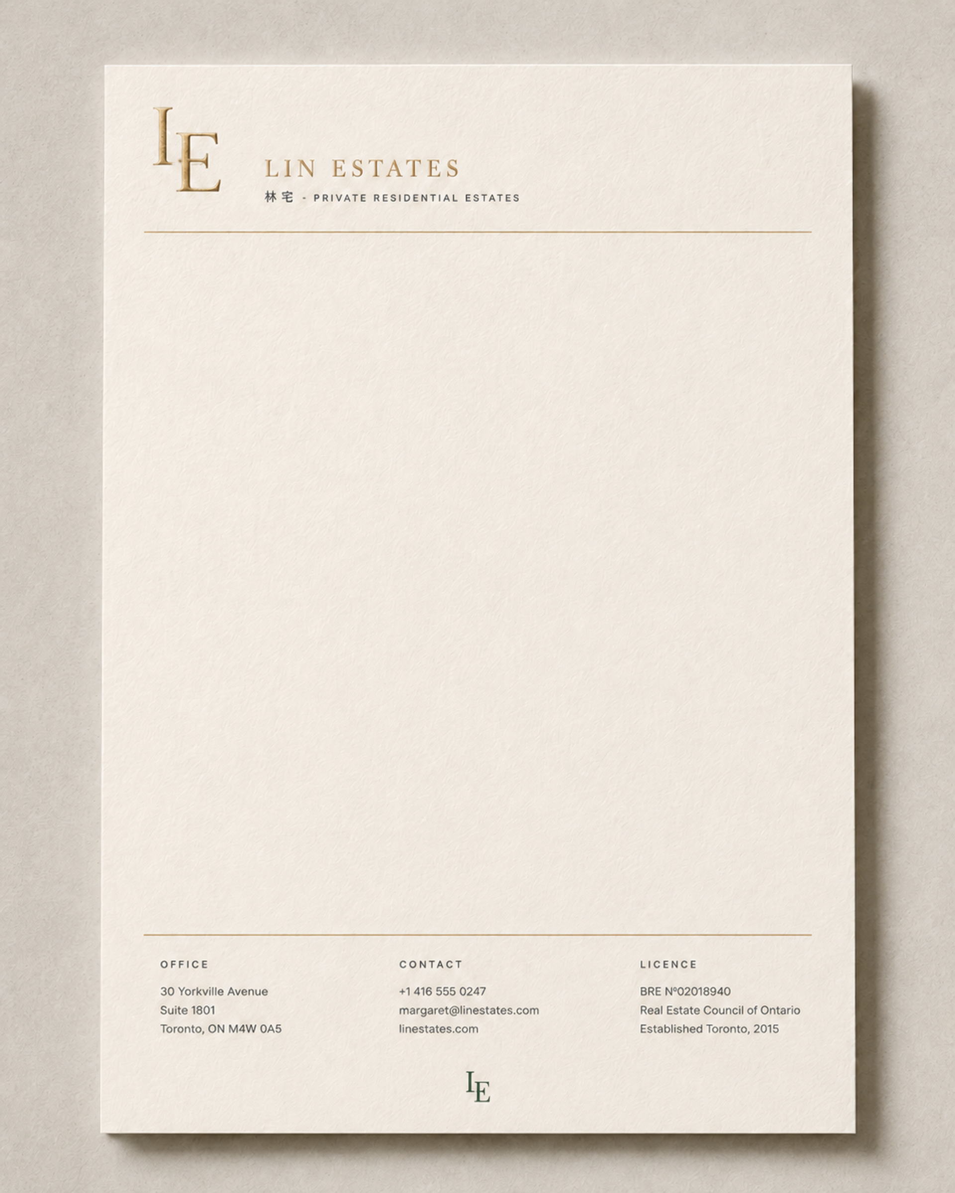 林宅信纸 Letterhead —— 米色棉纸配徽章与联络信息