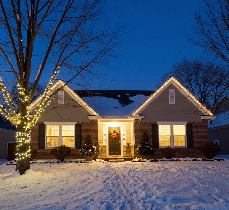 A home at night with warm white Christmas lights outlining the roofline