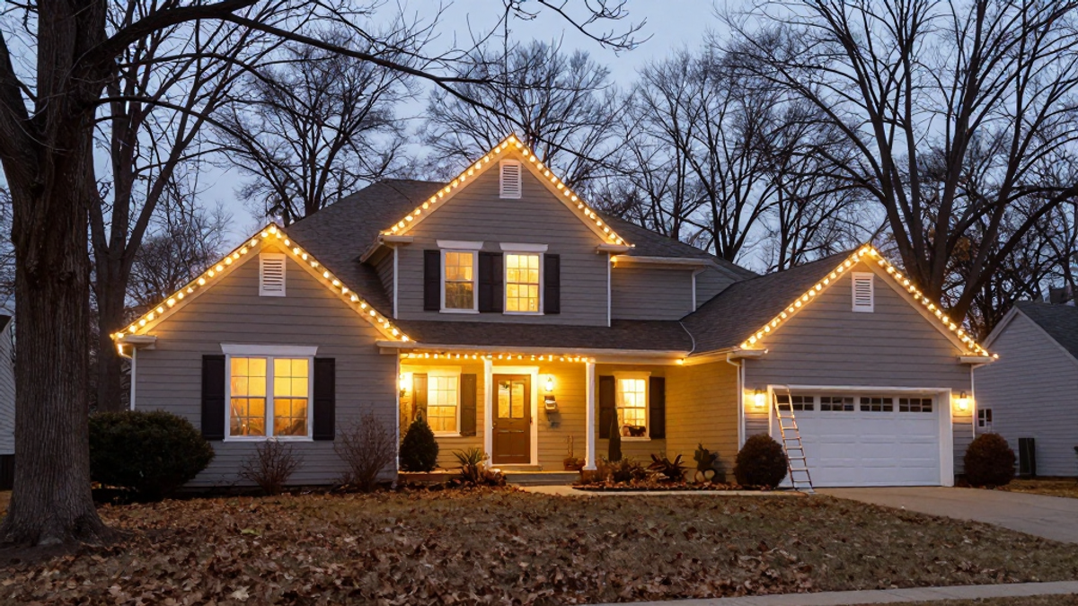 A house at dusk in late autumn with warm white Christmas lights newly installed along the rooflines, bare trees and fallen leaves, no snow yet