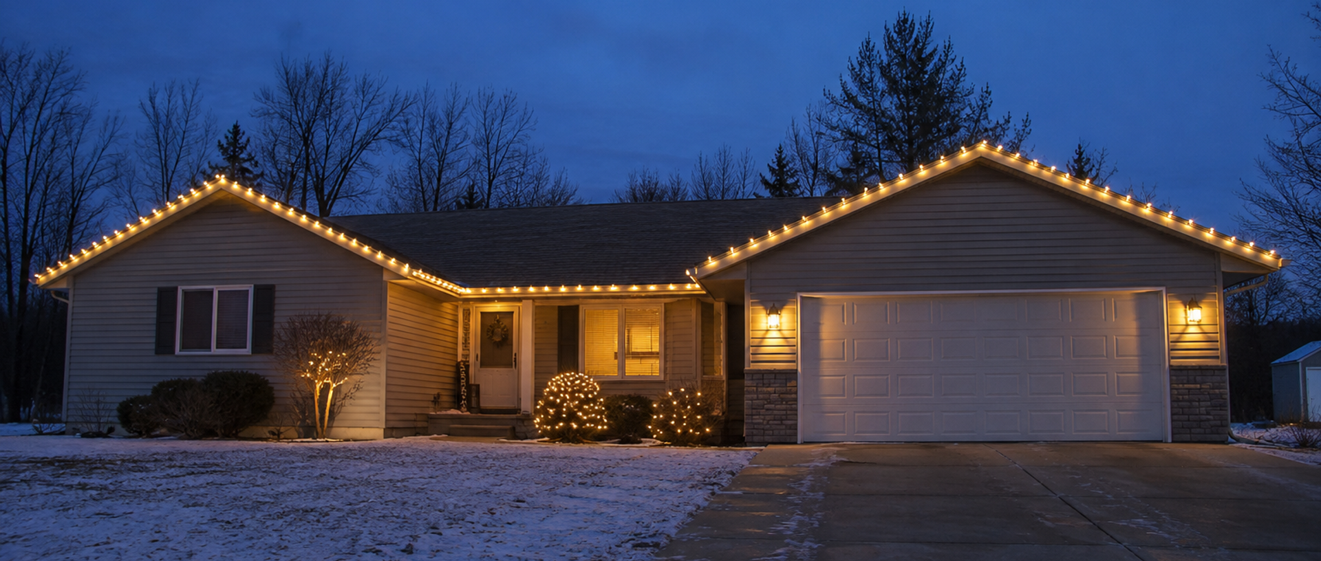 A single storey ranch home at dusk with warm white C9 bulbs along every roofline, lit shrubs across the front, snow on the lawn and a clear driveway to the two car garage