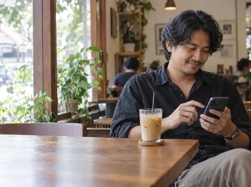 A man smiles while reading his phone at a wooden café table, an iced coffee beside him.