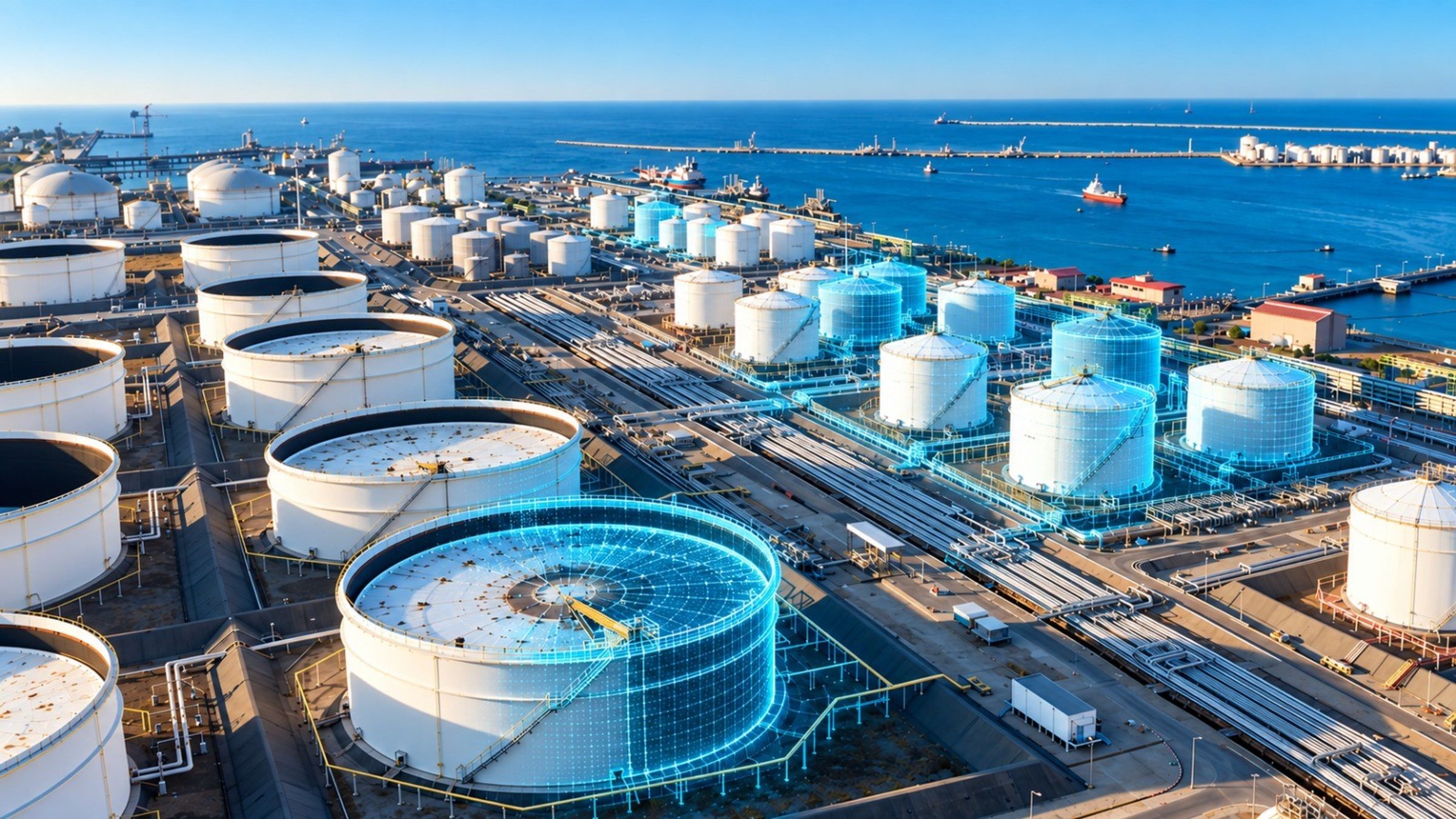 Aerial view of an aboveground storage tank farm beside a marine terminal, with digital scan overlays on several tanks