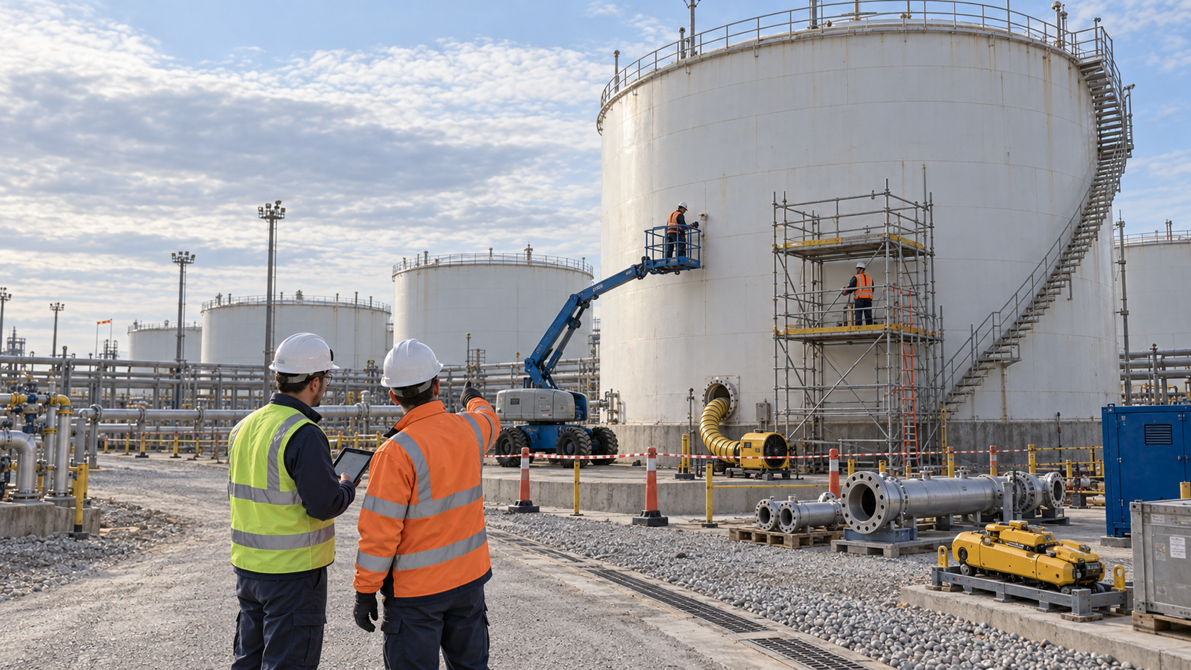 Maintenance team coordinating a planned storage tank turnaround with scaffolding, inspection equipment and staged repairs.