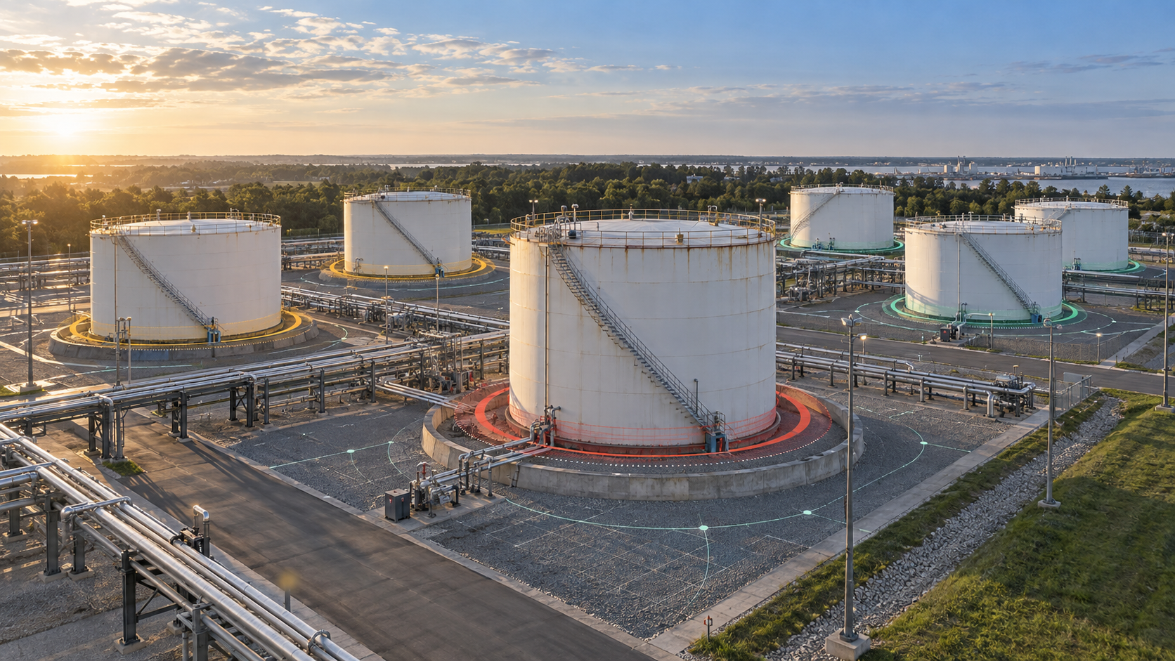 Elevated view of a tank terminal with storage tanks highlighted by risk-based maintenance priority.