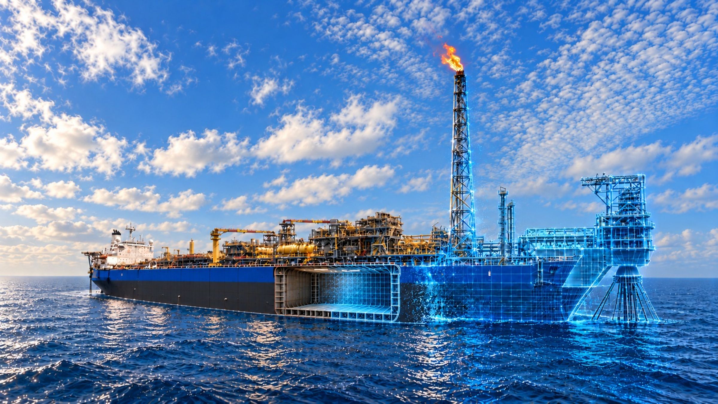 An FPSO at sea with a cutaway of its hull and a digital wireframe overlay