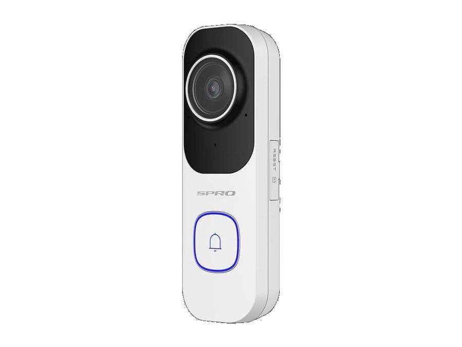 The white SPRO video doorbell with the button lit blue while a call is answered