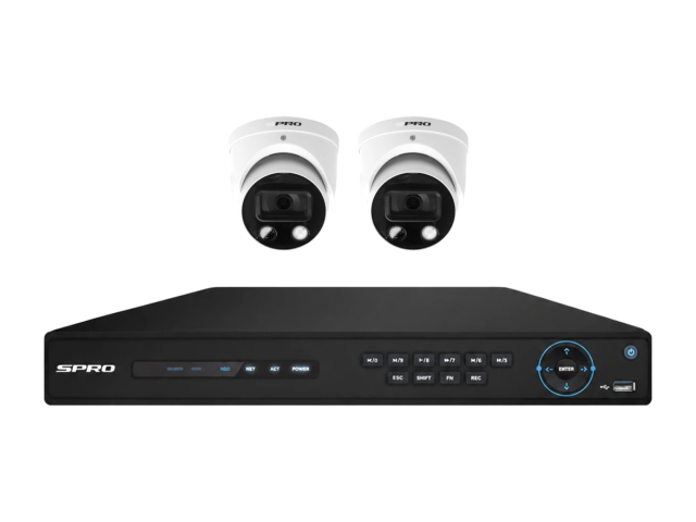 Two SPRO 8MP Active Deterrence Pro turret cameras in a row above the SPRO A9 recorder