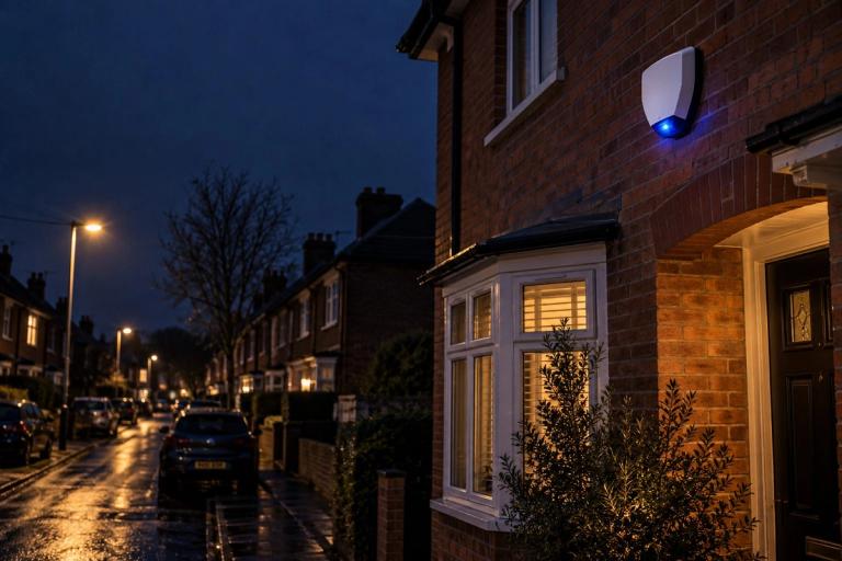 An alarm bell box with its blue light on, high on the front of a house at dusk
