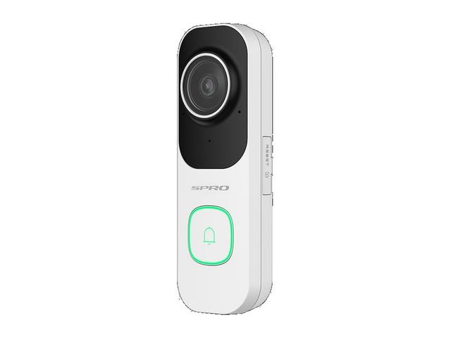 The SPRO video doorbell in white, with the button lit green